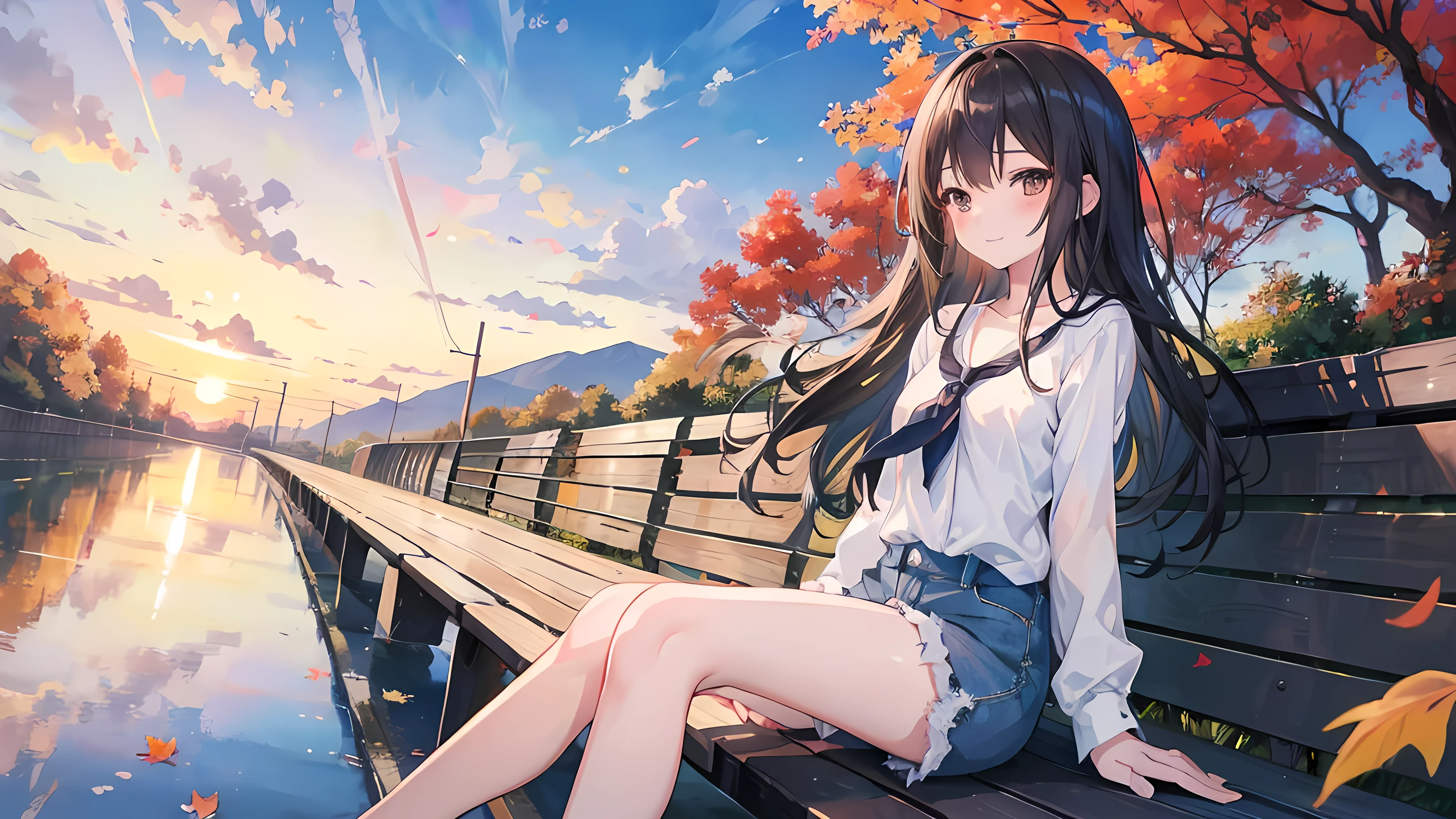 anime girl sitting on a bench, train in the background, sunset, wind, autumn, (1girl), long black hair, brown eyes, small breasts, white blouse, blue shorts, smile, blushes, expressive eyes, beautiful anime artwork, amazing scenery, masterpiece, high res, 8k