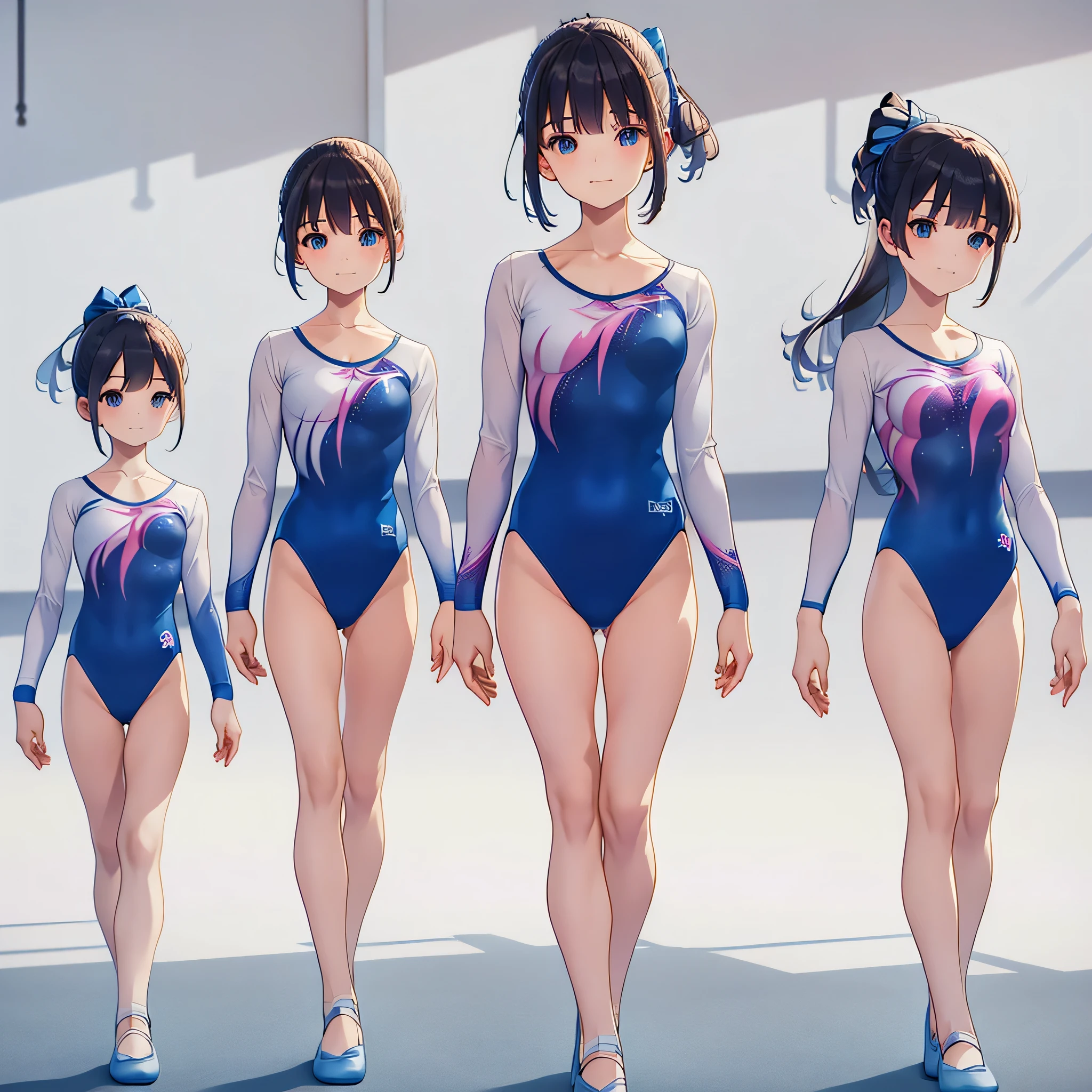 Gymnastics club,(4 girls:1.3),(long sleeves leotard:1.3),full body, pony tail, blue ribbon, long hair, (over ************, under 19 years old:1.2), ballet shoes, white background