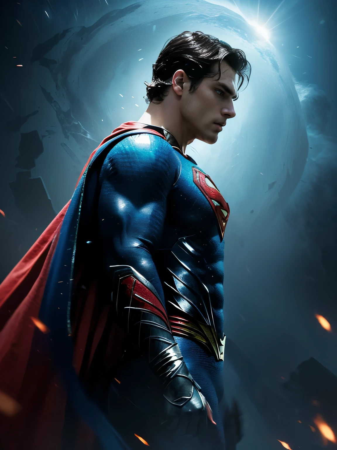 a man of steel poster, by Zack Snyder, textless, herry cavill, inspired by Zack Snyder, zack snyder cinematography style, henry cavill!!!, hd wallpaper, superman emerging from the sun, superman, zack snyder 3 8 4 0 x 2 1 6 0, hq 4k wallpaper, henry cavill, 4k post, 4 k post, dwayne johnson as superman, (Papel de parede 8k muito detalhado), medium photo of a beautiful and scary necromancer, Intricado, alto detalhe, Dramatic, Particle Light Effects,