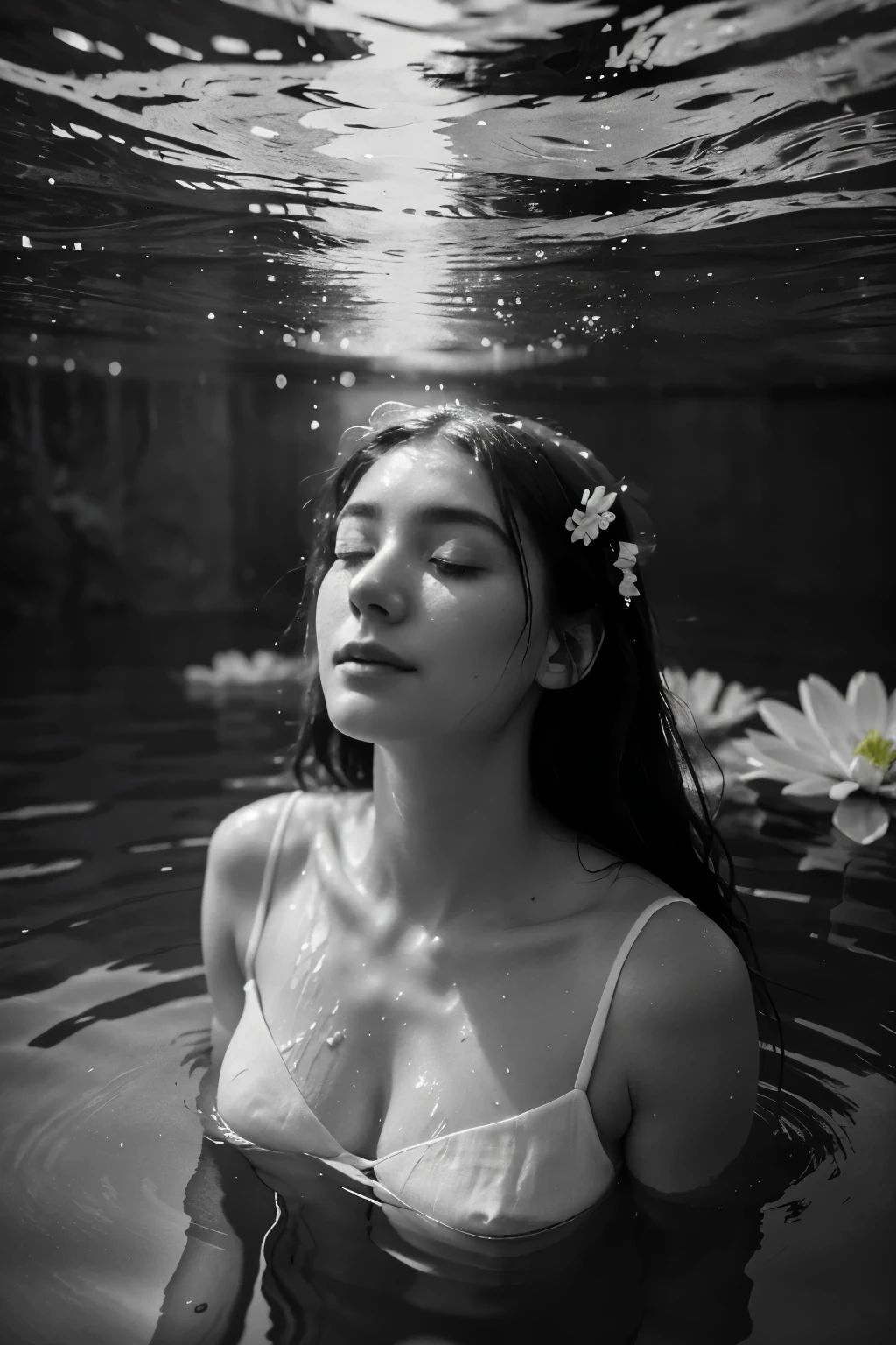 black and white closeup photo RAW, an ethereal scene with a 28 yr old woman in white dress submerged in water, surrounded by floating flowers, blurring the lines between reality and fantasy. closed eyes