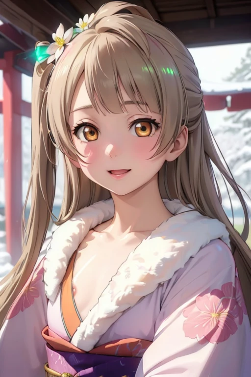 Very detailed CG Unity 8K wallpaper, Cute One lady, Mature Blonde、lady ,beautiful lady, pale skin (Super masterpiece, Beautiful person, well detailed face polluted smile, Photorealistic, hyper realisitic), Colorful winter kimono in pink and white colors、(white fur)、Japanese Style Hair Accessories、smile、Japanese background with light pink flowers and snow、Portrait、(flat chest:1.2)、(Glowing Skin:1.7)、Detailed eyes、Big eyes、Open your mouth、Hide your arms、(kotori:1.1)