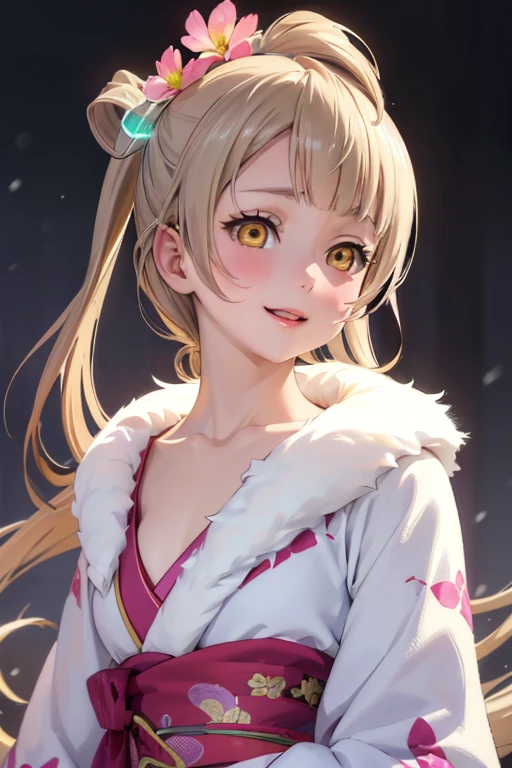 Very detailed CG Unity 8K wallpaper, Cute One lady, Mature Blonde、lady ,beautiful lady, pale skin (Super masterpiece, Beautiful person, well detailed face polluted smile, Photorealistic, hyper realisitic), Colorful winter kimono in pink and white colors、(white fur)、Japanese Style Hair Accessories、smile、Japanese background with light pink flowers and snow、Portrait、(flat chest:1.2)、(Glowing Skin:1.7)、Detailed eyes、Big eyes、Open your mouth、Hide your arms、(kotori:1.1)