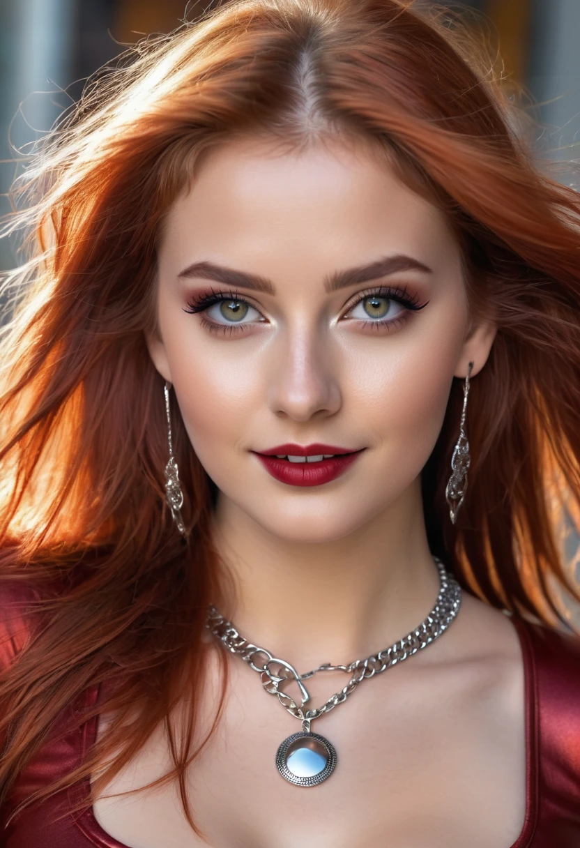 hyperrealistic beautiful busty 18-year-old women in ultra shiny metallic red longsleeve croptop and leather leggins, model shooting full body photography, natural redhead very long messy hair, dark eye makeup with eyeliner, seductive smile, small necklace and earrings, 8K, best quality, Meisterwerk, ultra high resolution, (Realismus: 1.4), Originalfoto, (realistische Hautstruktur: 1.3), (Filmkorn: 1.3), (Selfie-Winkel), 1 girl, Beautiful round eyes and facial details, Meisterwerk, best quality