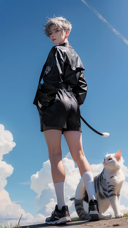 ((((((1 boy)))))), fluffy gray hair, ((Big Pointy Cat Ears)), cat tail, a slim body, ((pale skin)), sky blue eyes, glad, big hips, big ass, fangs, thin waist, Slim figure, The skin is pale, Young appearance, (((convex))), black sports shorts with booty, Black thigh-high socks, black raincoat, blink