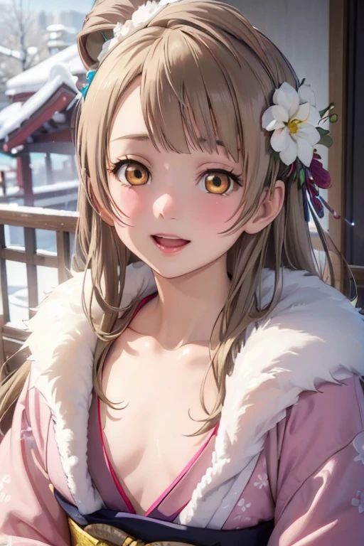 Very detailed CG Unity 8K wallpaper, Cute One lady, Mature Blonde、lady ,beautiful lady, pale skin (Super masterpiece, Beautiful person, well detailed face polluted smile, Photorealistic, hyper realisitic), Colorful winter kimono in pink and white colors、(white fur)、Japanese Style Hair Accessories、smile、Japanese background with light pink flowers and snow、Portrait、(flat chest:1.2)、(Glowing Skin:1.7)、Detailed eyes、Big eyes、Open your mouth、Hide your arms、(kotori:1.1)