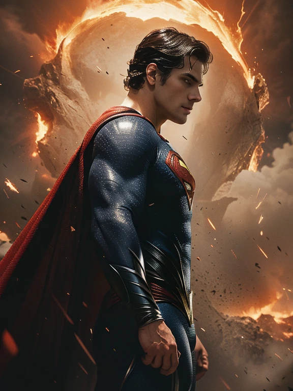 a man of steel poster, by Zack Snyder, textless, herry cavill, inspired by Zack Snyder, zack snyder cinematography style, henry cavill!!!, hd wallpaper, superman emerging from the sun, superman, zack snyder 3 8 4 0 x 2 1 6 0, hq 4k wallpaper, henry cavill, 4k post, 4 k post, dwayne johnson as superman, (Papel de parede 8k muito detalhado), medium photo of a beautiful and scary necromancer, Intricado, alto detalhe, Dramatic, Particle Light Effects,