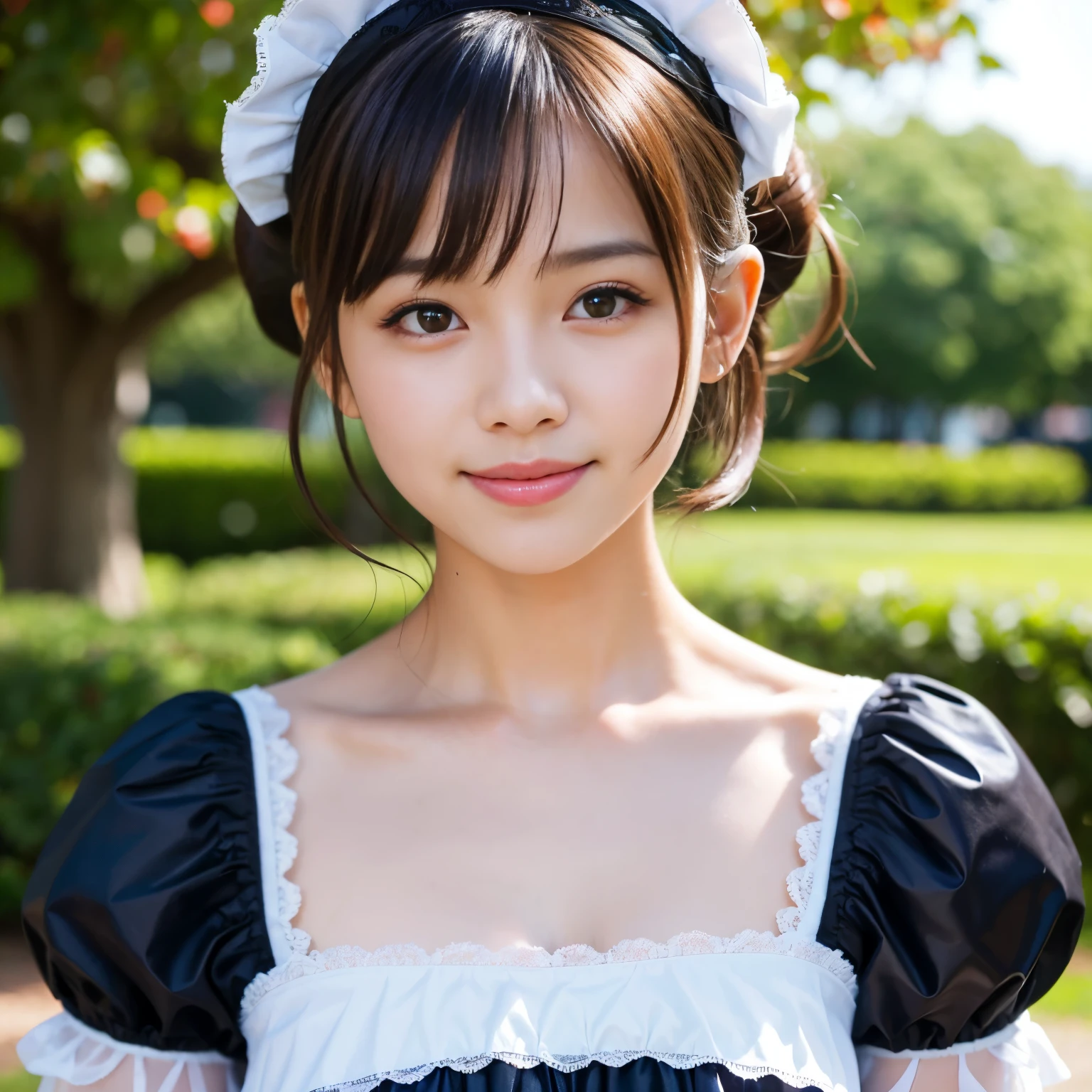Best-quality, Masterpiece, Ultra-High-Resolution, (Photorealistic:1.4), Raw Photo, depth of field, professional lighting, perfect anatomy, extremely details, 1girl, Japanese idol, cowboy shot, extremely cute face, extremely beautiful and extremely big eyes, extremely beautiful short-cut-haired, extremely beautiful skins, realistic skin texture, extremely beautiful long-eyelashes, extremely beautiful lips, childish-body, wearing French-Maid-Costume, looking at viewer, innocent smile, detailed French-Maid-Costume