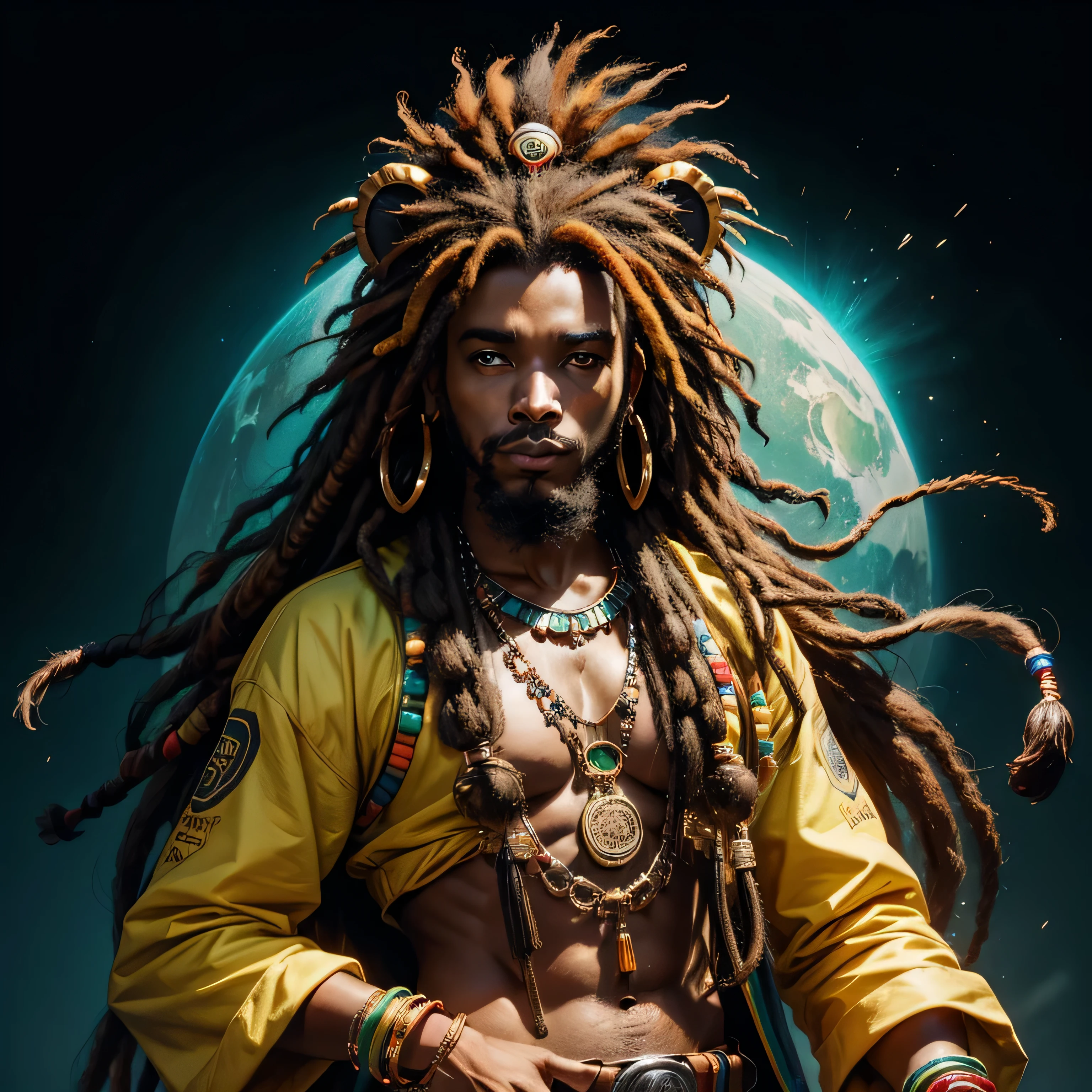 (A large Rastafarian lion Juda) with vibrant colors in the style of the cover of Steel Pulse's Living Legacy album, juba com dreadlocks nas cores do reggae : Create an impression that depicts a lion, Important symbol in (Rastafarian culture), com cores vibrantes e detalhes intrincados. Explore the combination of red, amarelo e verde, what are the representative colors of the movement. Black background and lighting in the image to highlight it, contraste de figura e fundo, . Image with 300dpi resolution, contrasting lighting between the figure and the background, imagem interessante e chamativa, Hyper detailed and very high resolution, imagem vetorial. Imagem centralizada, simetria, (fundo preto), hiper detalhada