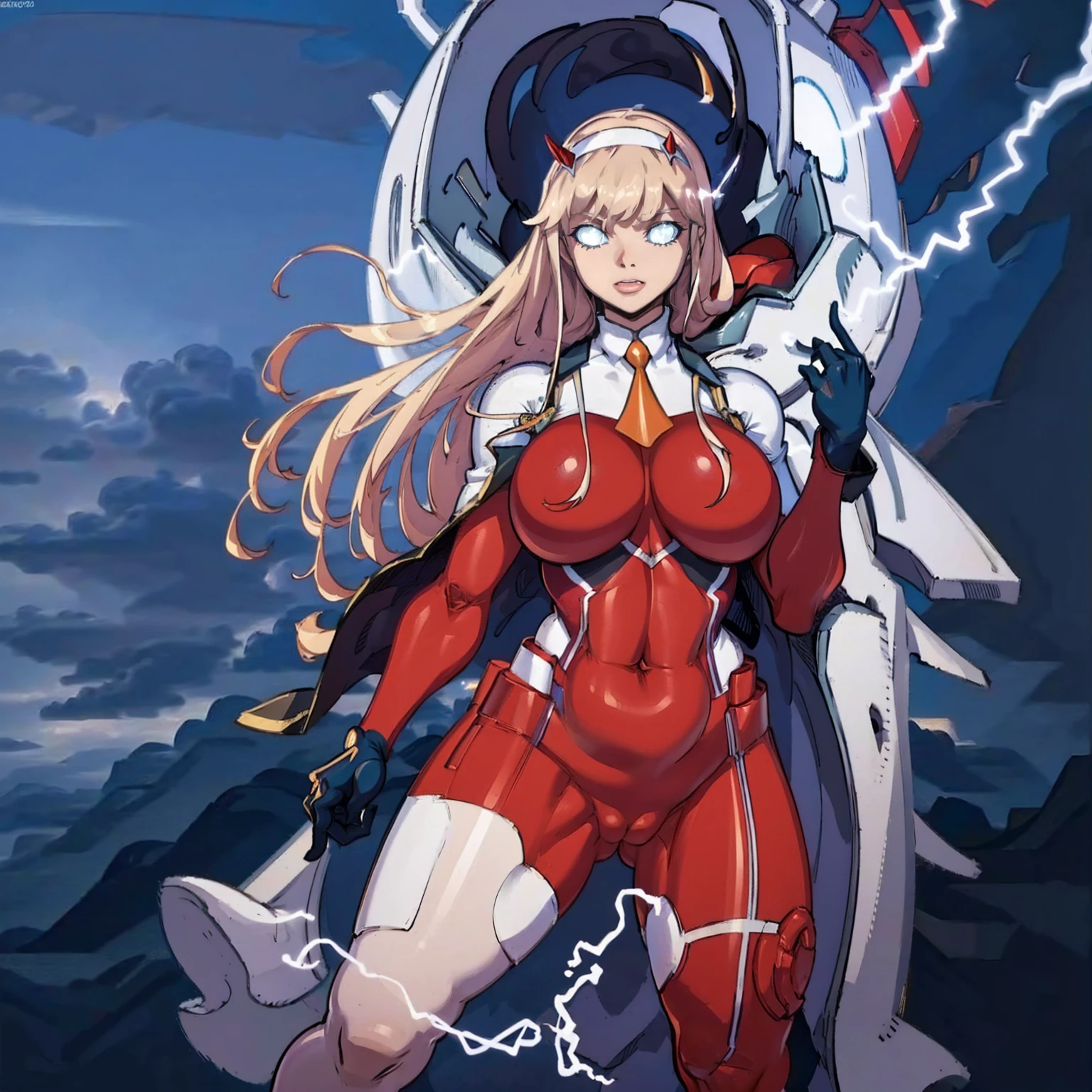 masterpiece, best quality, IncrsLowTier, electricity, glowing eyes zerotwo horns, hairband, necktie, red dress, pantyhose horns, hairband, red bodysuit, armlet, mecha horns, hairband, white bodysuit, white gloves, cap, red dress, white gloves, jacket on shoulders, pantyhose, cyber_armor body_suit,huge_breast, tall female, fulll body, sun light, smile,, sun aura,, boots, standing, smile, lips, red lips,,,{best quality}, {amazing quality} {best quality},{amazing quality},, {absurdres},{{highres}}, {very aesthetic}, {detailed}, curvy, tall, huge breast, character focus, white background,full-length portrait,, huge hips, huge muscles, huge thighs, curvaceous, venus figure,full body, full portrait blue eyes, boots, full body