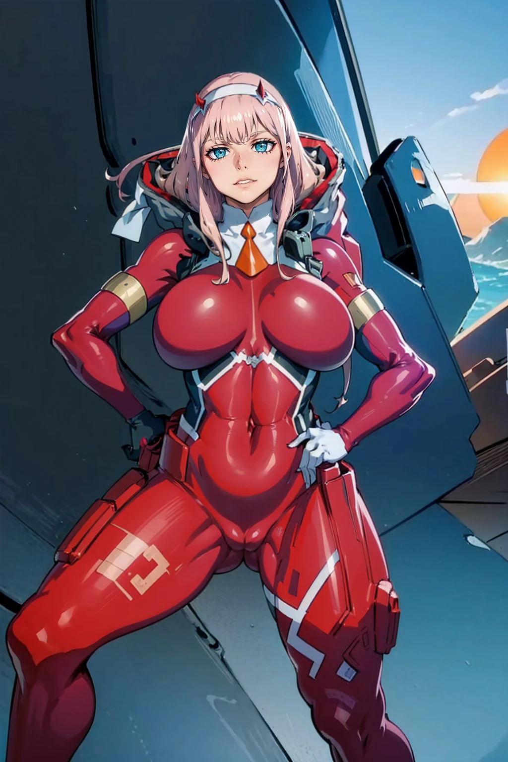 masterpiece, best quality, IncrsLowTier, electricity, glowing eyes zerotwo horns, hairband, necktie, red dress, pantyhose horns, hairband, red bodysuit, armlet, mecha horns, hairband, white bodysuit, white gloves, cap, red dress, white gloves, jacket on shoulders, pantyhose, cyber_armor body_suit,huge_breast, tall female, fulll body, sun light, smile,, sun aura,, boots, standing, smile, lips, red lips, fangs, sharpteeth,,{best quality}, {amazing quality} {best quality},{amazing quality},, {absurdres},{{highres}}, {very aesthetic}, {detailed}, curvy, tall, huge breast, character focus, white background,full-length portrait,