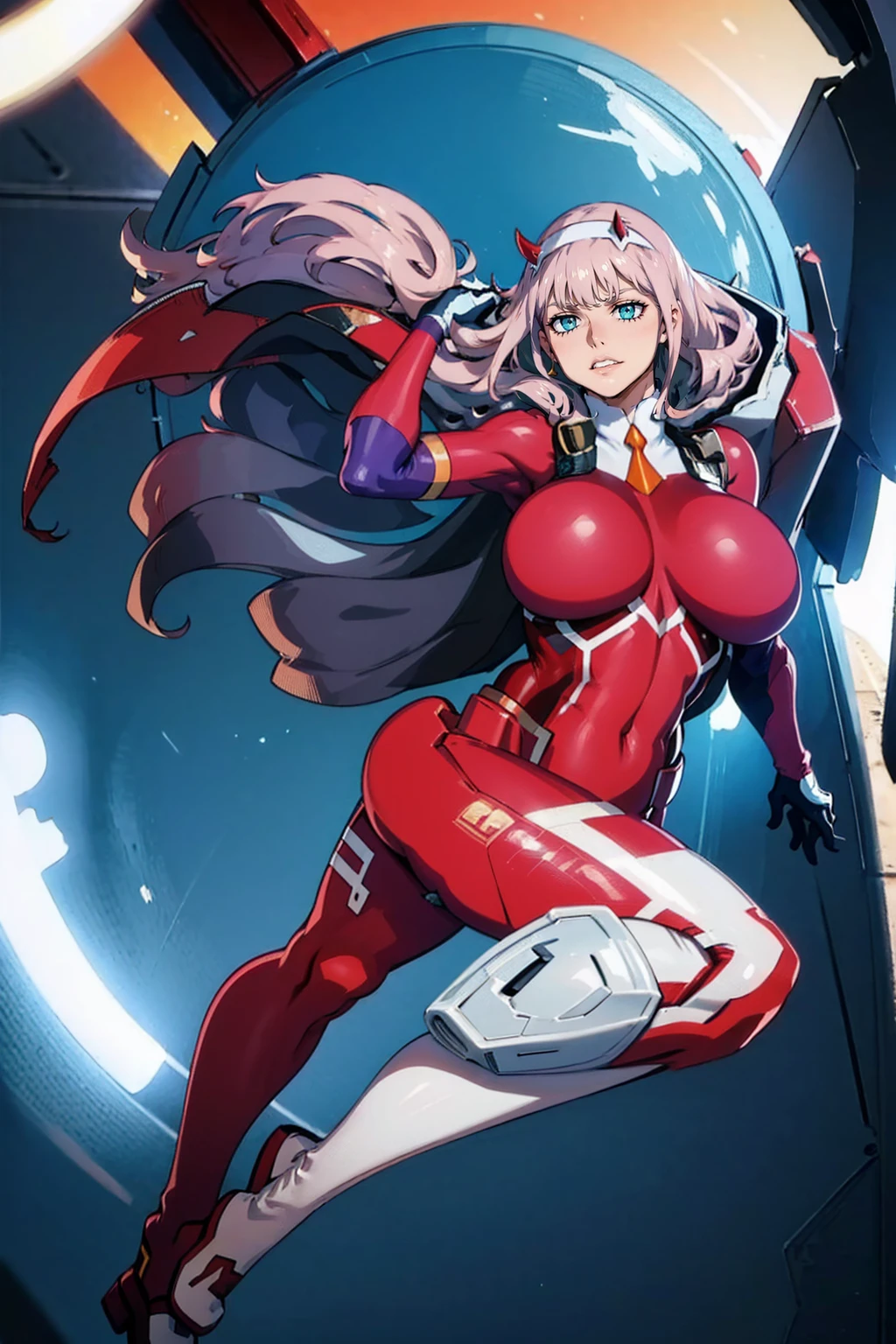 masterpiece, best quality, IncrsLowTier, electricity, glowing eyes zerotwo horns, hairband, necktie, red dress, pantyhose horns, hairband, red bodysuit, armlet, mecha horns, hairband, white bodysuit, white gloves, cap, red dress, white gloves, jacket on shoulders, pantyhose, cyber_armor body_suit,huge_breast, tall female, fulll body, sun light, smile,, sun aura,, boots, standing, smile, lips, red lips, fangs, sharpteeth,,{best quality}, {amazing quality} {best quality},{amazing quality},, {absurdres},{{highres}}, {very aesthetic}, {detailed}, curvy, tall, huge breast, character focus, white background,full-length portrait