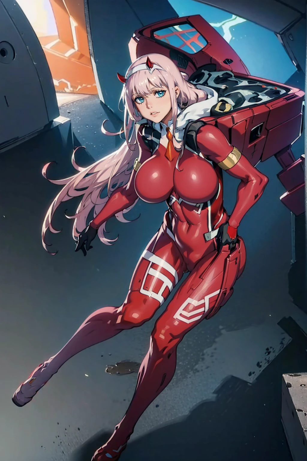 masterpiece, best quality, IncrsLowTier, electricity, glowing eyes zerotwo horns, hairband, necktie, red dress, pantyhose horns, hairband, red bodysuit, armlet, mecha horns, hairband, white bodysuit, white gloves, cap, red dress, white gloves, jacket on shoulders, pantyhose, cyber_armor body_suit,huge_breast, tall female, fulll body, sun light, smile,, sun aura,, boots, standing, smile, lips, red lips, fangs, sharpteeth,,{best quality}, {amazing quality} {best quality},{amazing quality},, {absurdres},{{highres}}, {very aesthetic}, {detailed}, curvy, tall, huge breast, character focus, white background,full-length portrait