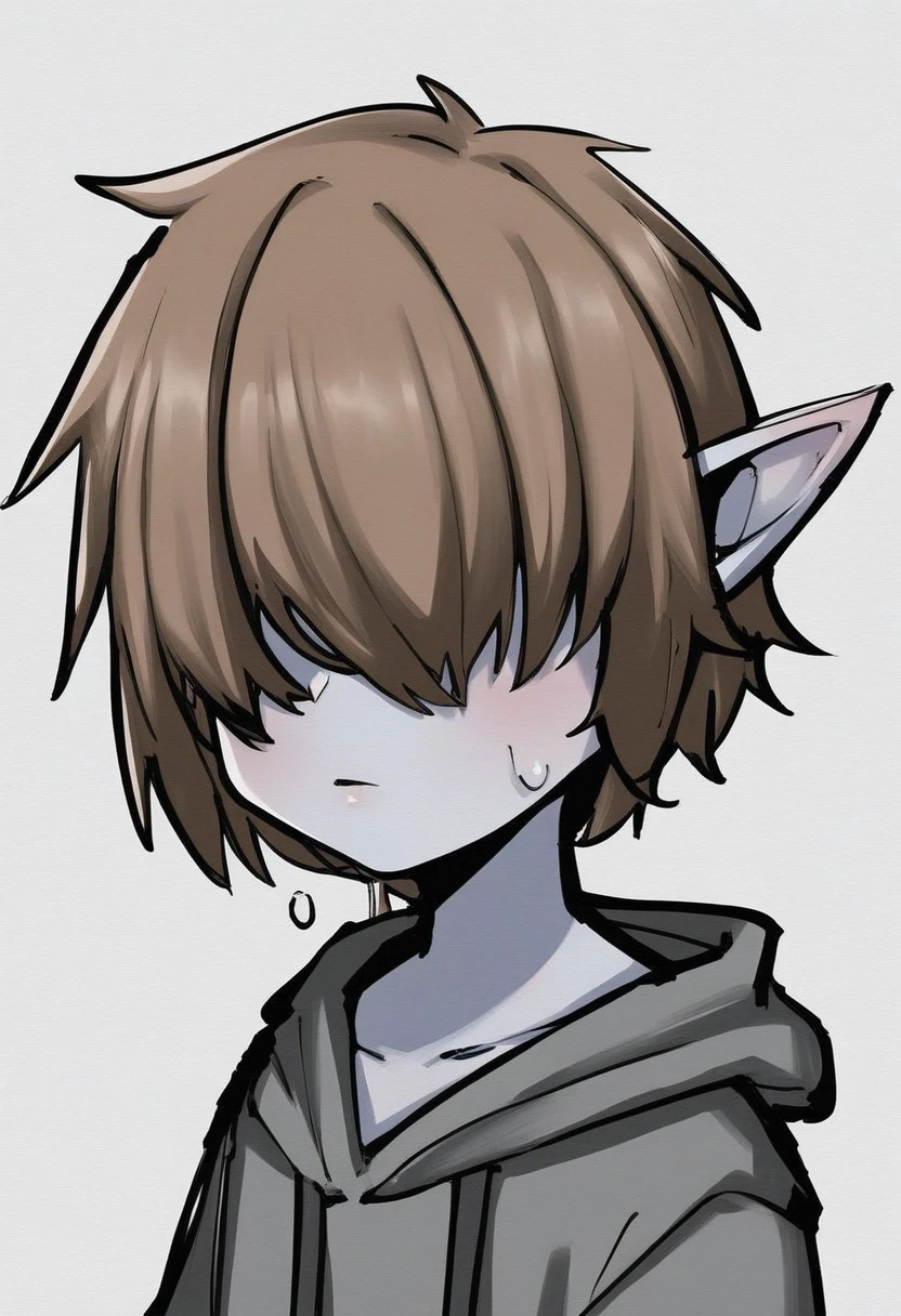 eyeless jack, grey hoodie, empty sockets dripping tar, grey skin, short brown hair, male, pointy ears