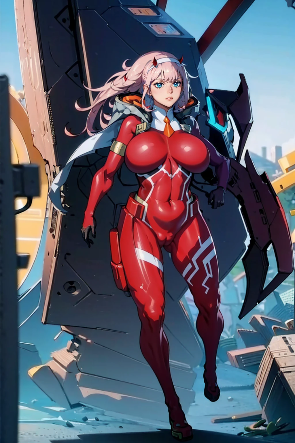 masterpiece, best quality, IncrsLowTier, electricity, glowing eyes zerotwo horns, hairband, necktie, red dress, pantyhose horns, hairband, red bodysuit, armlet, mecha horns, hairband, white bodysuit, white gloves, cap, red dress, white gloves, jacket on shoulders, pantyhose, cyber_armor body_suit,huge_breast, tall female, fulll body, sun light, smile,, sun aura,, boots, standing, smile, lips, red lips, fangs, sharpteeth,,{best quality}, {amazing quality} {best quality},{amazing quality},, {absurdres},{{highres}}, {very aesthetic}, {detailed}, curvy, tall, huge breast, character focus, white background,full-length portrait,