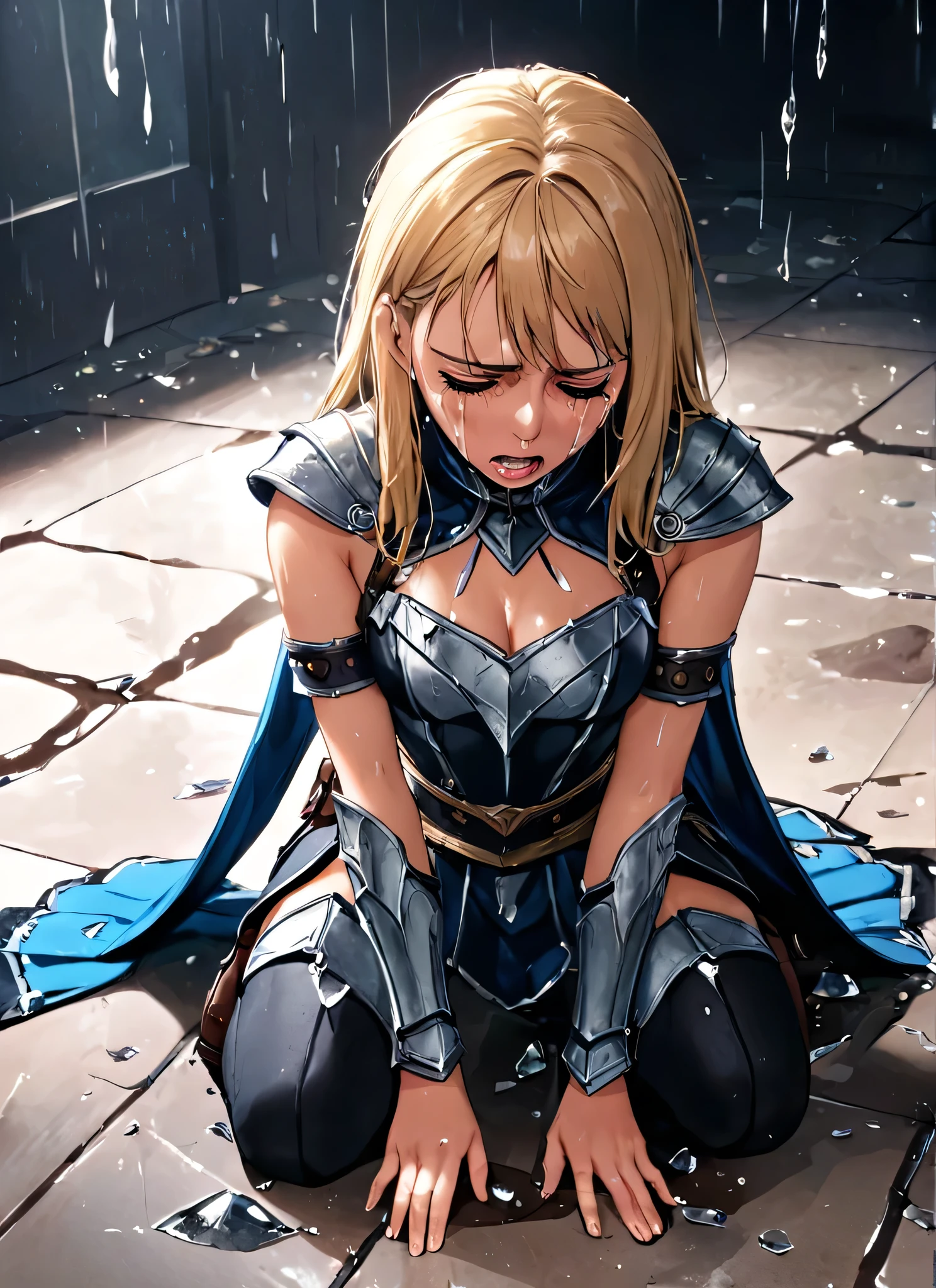 A girl, kneeling in the floor, wearing a shattered breastplate, shattered waistplate, in tears, sad, dramatic scene, tears flowing in the face,
