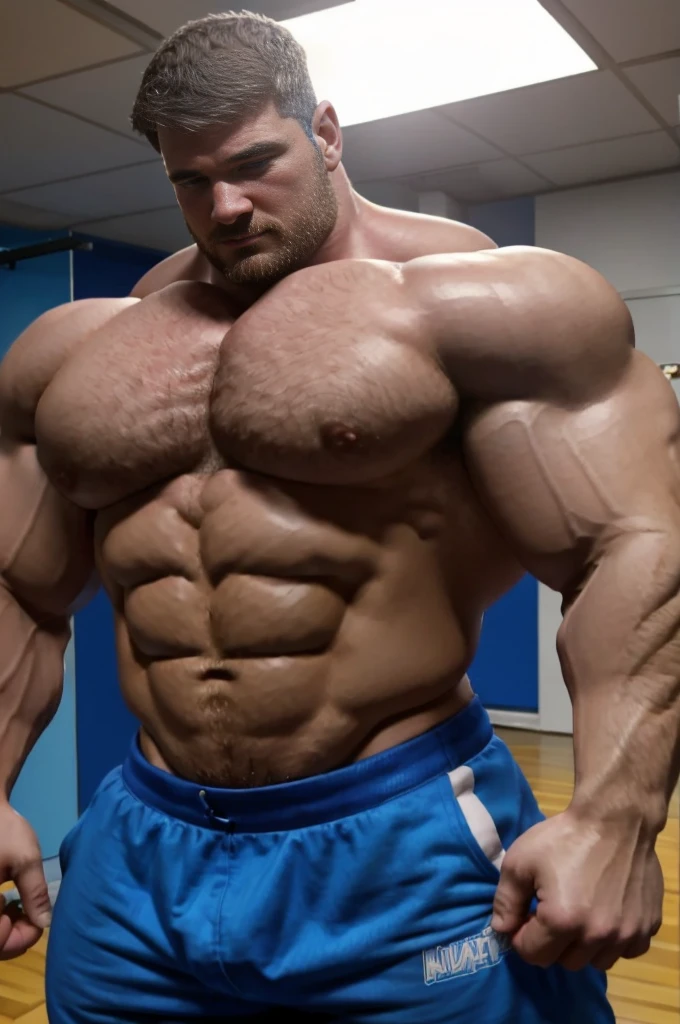 Big muscular man with blue eyes and extremely defined vascular muscles, perfect six pack, unrealistically big muscle tits, small nipples