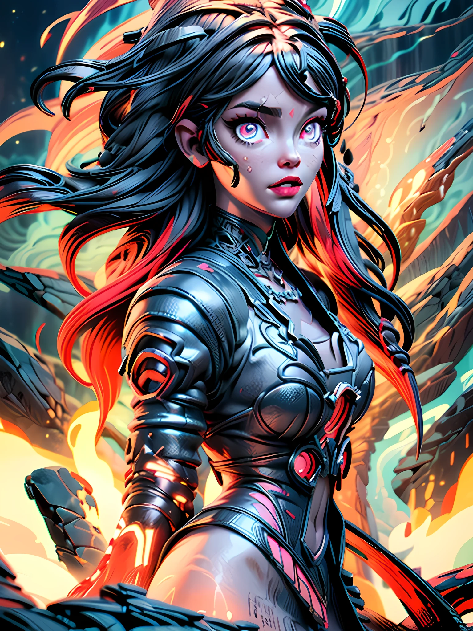 high details, best quality, 16k, [ultra detailed], masterpiece, best quality, (extremely detailed), full body, ultra wide shot, photorealistic, fantasy art, dnd art, rpg art, realistic art, an ultra wide picture of a female human (intricate details, Masterpiece, best quality: 1.5) goddess of fire  ((fiery radiant aura)), controlling a swirling red fire, fiery red radiant magic (1.5 intricate details, Masterpiece, best quality), manipulating purple radiant magical symbols, [[divine symbols]] (intricate details, Masterpiece, best quality: 1.5), human female, blond hair, long hair with aura, hair with red radiant eyes, intense eyes, ((radiant eyes)), (( red glowing eyes)), dynamic clothing, fantasy volcano back ground, stresms of lava,  celestial  background, ((divine worship atmosphere)), high details, best quality, highres, ultra wide angle, gl0w1ngR, red fire
