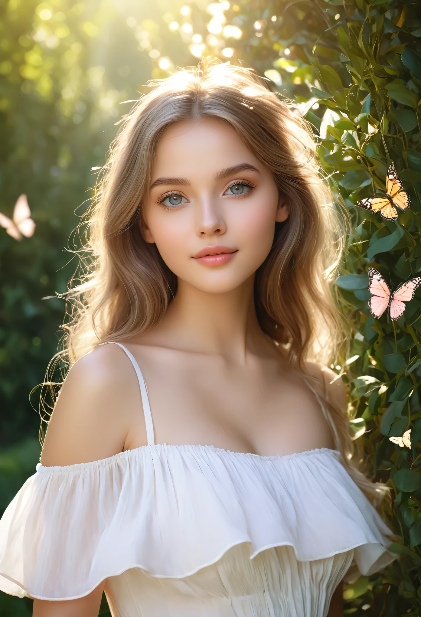 (best quality,4k,8k,highres,masterpiece:1.2),ultra-detailed,(realistic,photorealistic,photo-realistic:1.37),beautiful detailed eyes,beautiful detailed lips,extremely detailed eyes and face,long eyelashes,1girl,adorable,innocent expression,long flowing hair,pure-hearted,delicate facial features,soft and smooth skin,lively,full of life,innocent smile,charming personality,youthful aura,graceful posture,sunlit garden,flowers in bloom,beautifully manicured hedges,colorful butterflies fluttering around,gentle breeze,gleaming sunlight,soft rays of light filtering through the branches,peaceful atmosphere,vivid colors,evoking a sense of warmth and joy,portrait style,pastel colors,feminine and elegant,ethereal beauty,fantasy-like setting,dreamy and enchanting,visual storytelling,fairy tale-like scene,magical ambiance,whimsical touch,subtle expressions of longing and innocence,ink and watercolor style,delicate brushstrokes,subtle chiaroscuro effect,playful and mischievous glance,shaded areas accentuating the contours of the face,romantic and delicate palette,touch of blush on her cheeks,longing gaze into the distance,surrounded by nature's beauty,feeling of serenity and tranquility,celebration of youth and innocence,melancholic undertone in her eyes,dream-like tranquility,ethereal aura,floating in a world of her own,basking in the soft light of the setting sun. Full body photo, big breasts