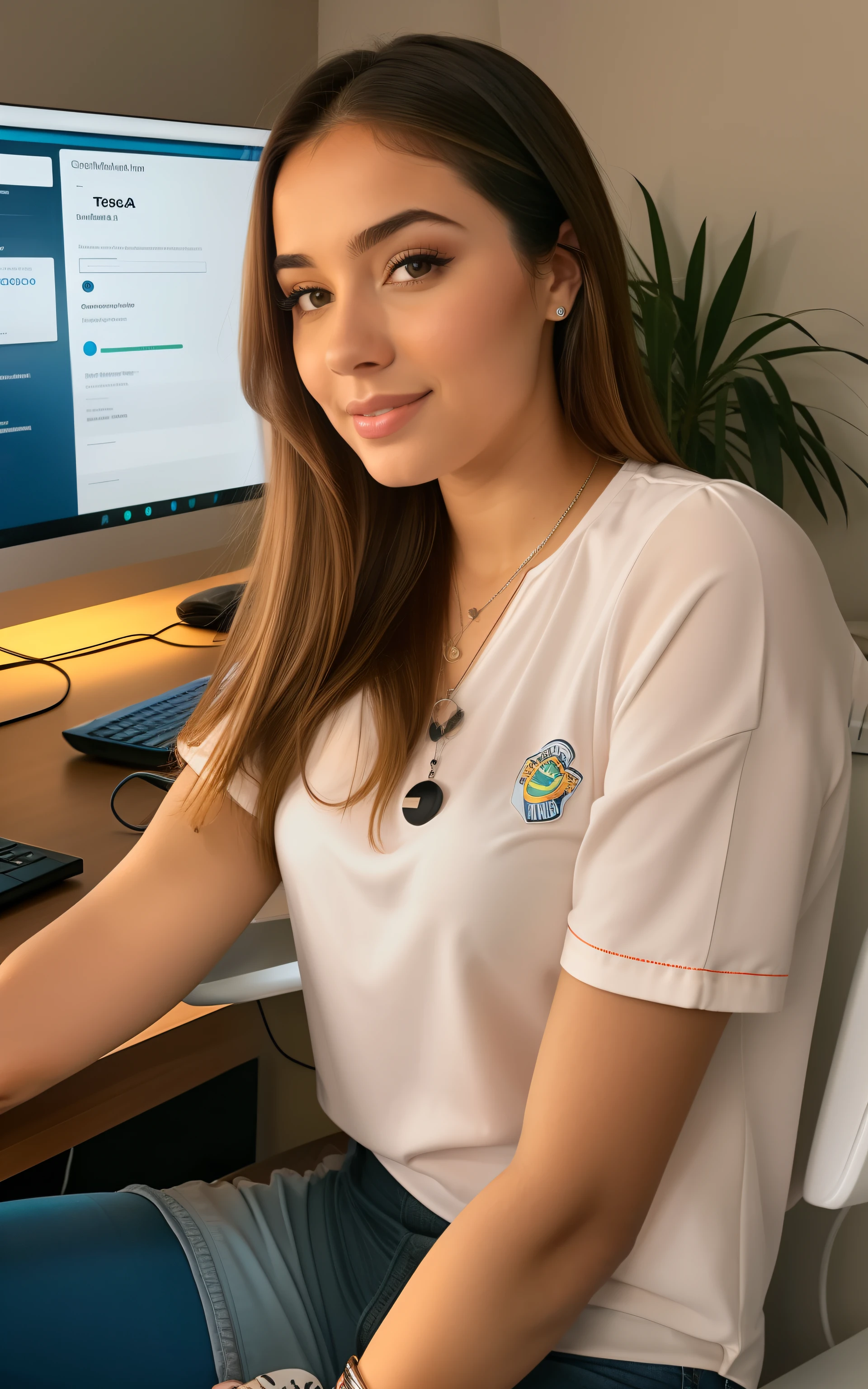 mulher arafed sentada em frente a uma mesa de computador com um teclado e monitor, na frente de um computador, Pokimane, sentado em um computador, sentado em uma mesa de computador, sentado em frente ao computador, Retrato Sophie Mudd, sitting at desk, sentado em uma mesa, sentou-se em sua mesa, sentado em uma mesa
