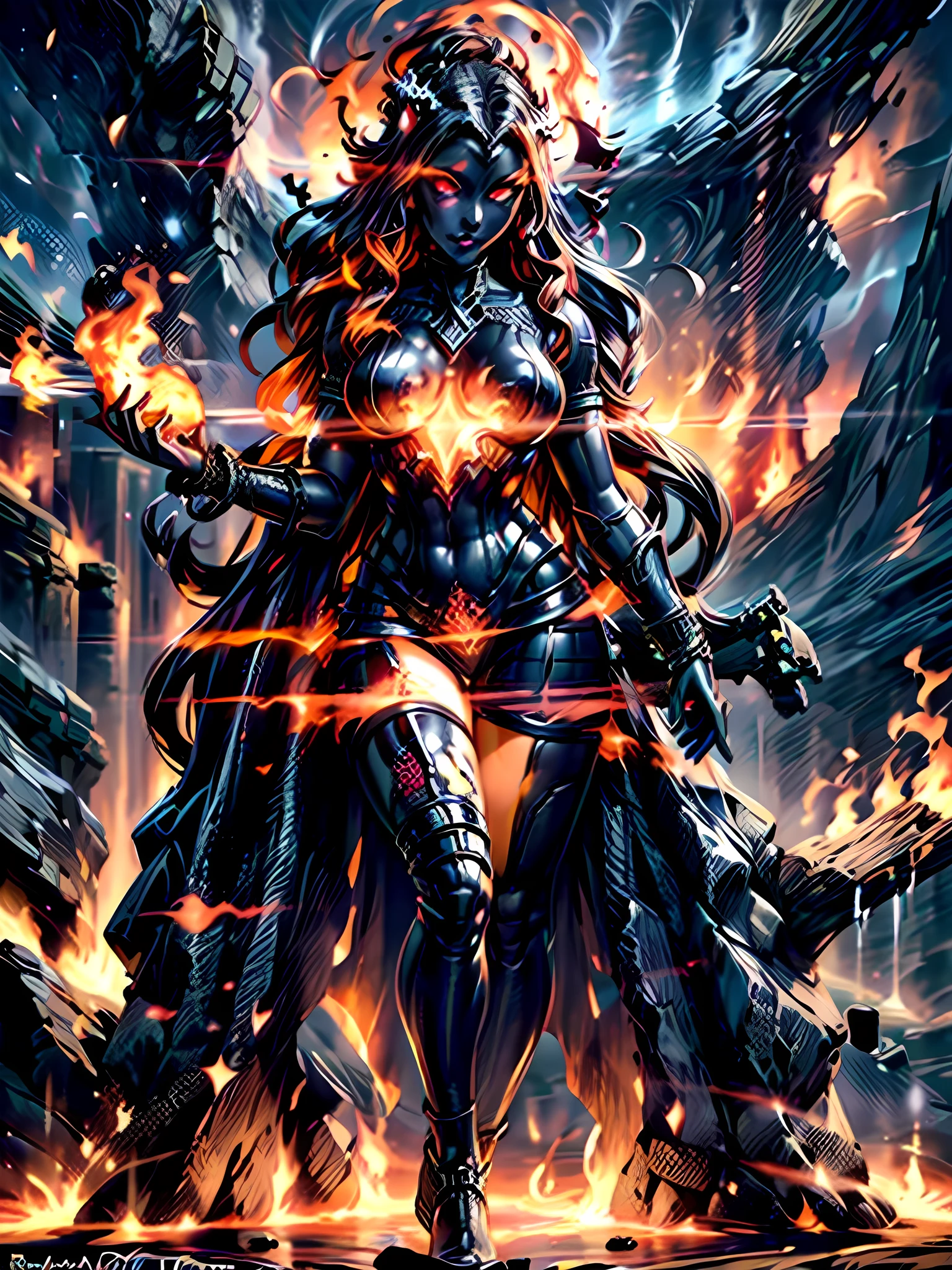 high details, best quality, 16k, [ultra detailed], masterpiece, best quality, (extremely detailed), full body, ultra wide shot, photorealistic, fantasy art, dnd art, rpg art, realistic art, an ultra wide picture of a female human (intricate details, Masterpiece, best quality: 1.5) goddess of fire  ((fiery radiant aura)), controlling a swirling red fire, fiery red radiant magic (1.5 intricate details, Masterpiece, best quality), manipulating purple radiant magical symbols, [[divine symbols]] (intricate details, Masterpiece, best quality: 1.5), human female, blond hair, long hair with aura, hair with red radiant eyes, intense eyes, ((radiant eyes)), (( red glowing eyes)), dynamic clothing, fantasy volcano back ground, stresms of lava,  celestial  background, ((divine worship atmosphere)), high details, best quality, highres, ultra wide angle, gl0w1ngR, red fire
