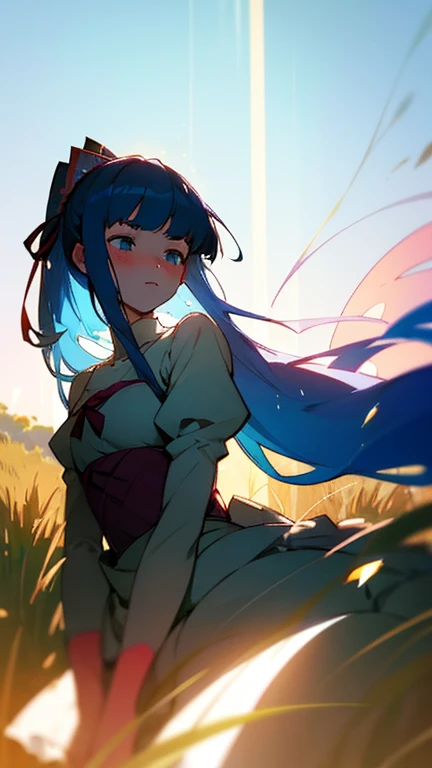 furudo erika portrait of a cute woman in a bright windy field, river, (backlighting), masterpiece, highest quality, lens flare, shade, bloom, [[chromatic aberration]], by Jeremy Lipking, by Antonio J. Manzanedo, digital painting, Style-GlassFinal, natural skin texture dress medium breasts  blushing 