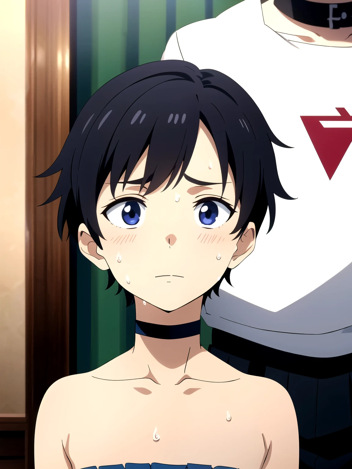 Highres, Masterpiece, Best quality at best,Best Quality,hight quality, hight detailed, 1boy, Boy,gradient hair color, Side bangs, Shota, Sweat, Strapless dress, Choker, Collarbone, Head and chest image, Close up, Depth of field, Anime Screencap Style, thin line, Seen from the front, Little sweat, Cute boy, (very small and short stature), (very young boy), 12-year-old boys, Blurry and simple beckground