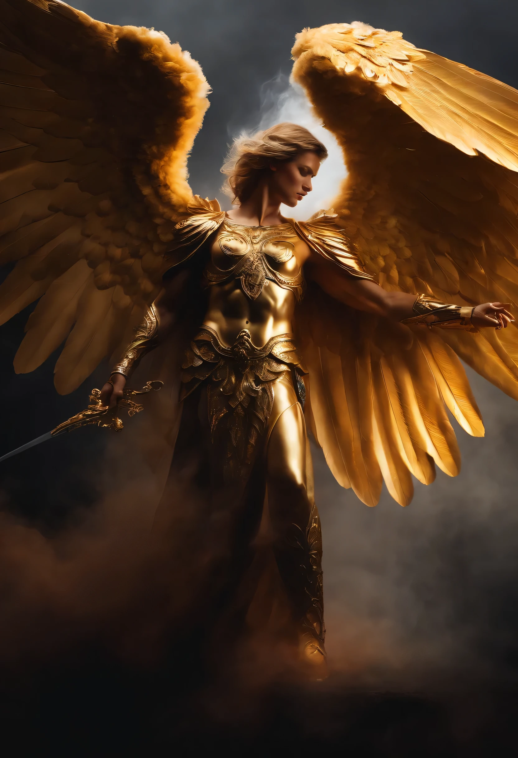 Figura angelical ultra-realista: A golden angel with open wings with a burning sword in his hand in a gloomy environment, dark smoke setting