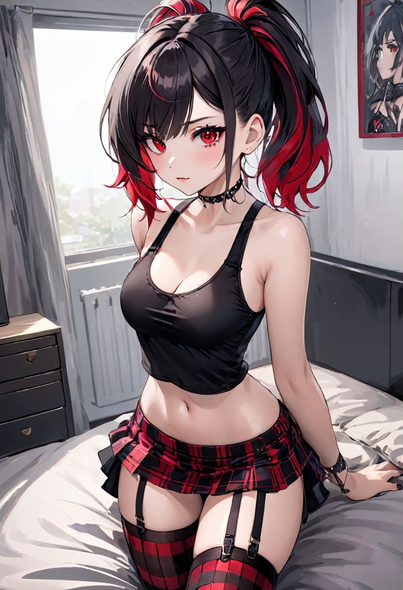 ((Best quality)), ((masterpiece)), (detailed), perfect face, ultra-detailed, 1 sexy girls, Appearance = beautiful, rock style, Young, perfect body, Perfect ass, punk hair, medium length, Interesting hairstyle, Red eyes, short black skirt with red checkered pattern, black stockings, transparent tank top, no bra, erotic lingerie. background = bedroom, outside = seductive pose, seduces, sexy, full length, sexy pose, shows ass, stands on all fours