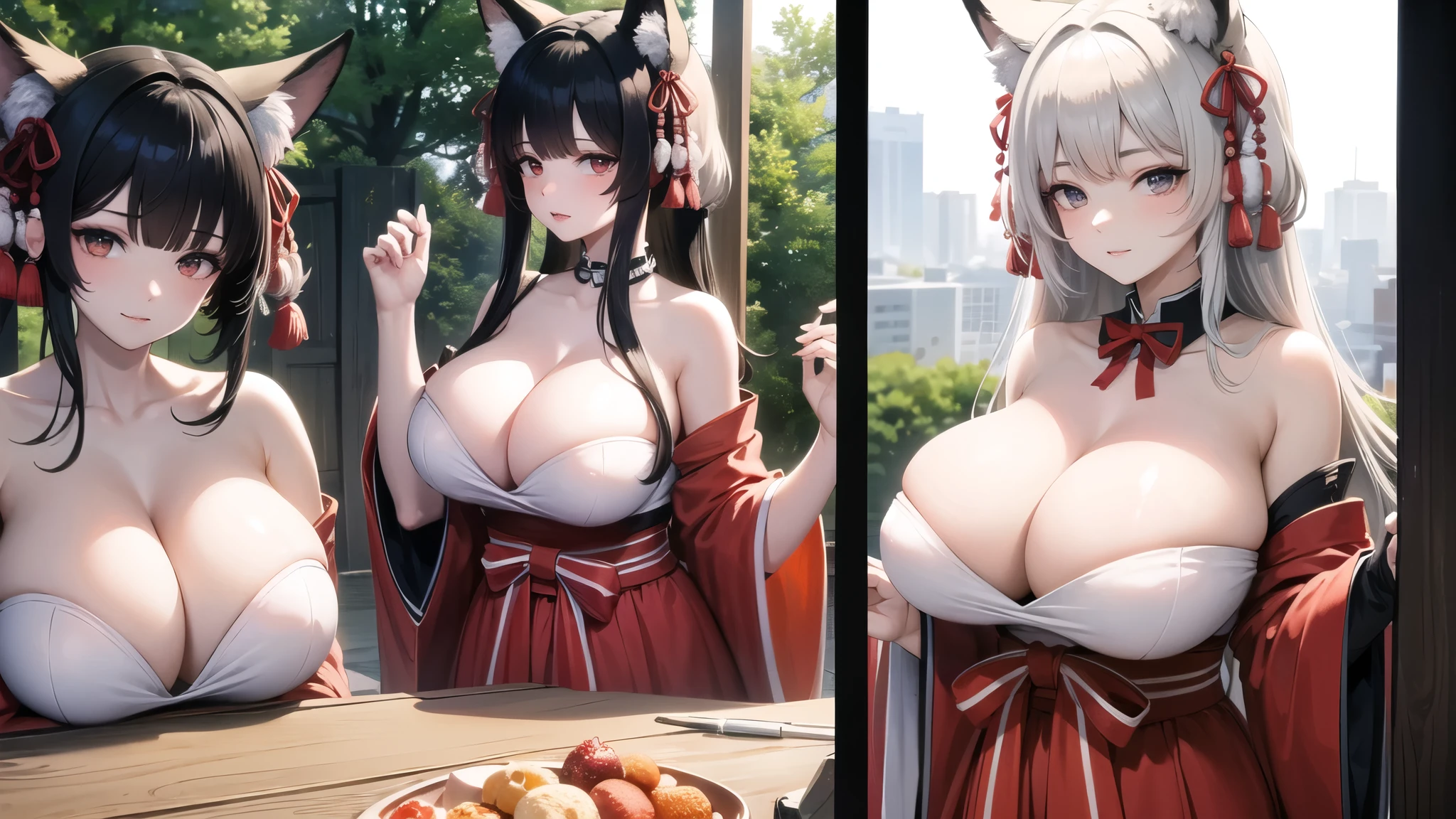 (((masterpiece, best quality))), (((superior quality))), cute girl, ((extremely detailed girl)), ((huge breasts)), fox ear, shrine maiden, (bare shoulders), strapless top