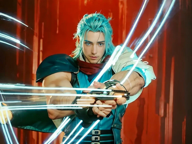 A boy with long  blue hairs, blue leather jacket, metal shoukders pads, blue light from fingers, (((((photorealistic style raw))))