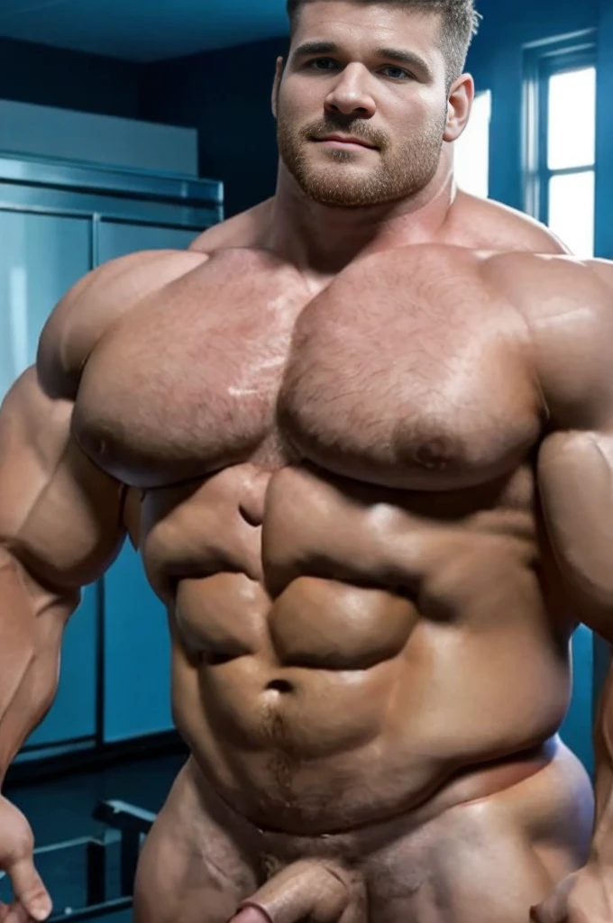 Big muscular man with blue eyes and extremely defined vascular muscles, perfect six pack, unrealistically large muscle tits, small nipples, touching chest
