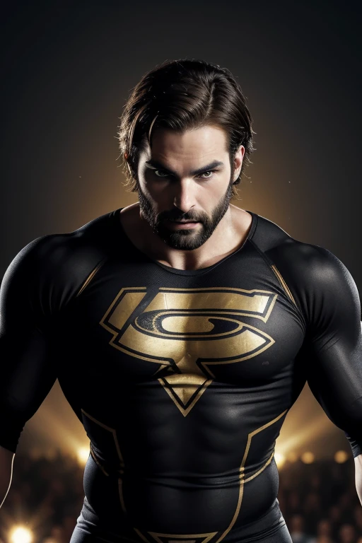 Seth Rollins with brown hair and beard, wearing black wrestling tights and knee pads, performing a high-flying move, intense facial expression, muscular body, under the spotlight, in a dramatic wrestling ring, surrounded by cheering crowd, dynamic action pose, with fire pyrotechnics, showing athleticism and strength, capturing the excitement of professional wrestling, in a photorealistic style, vibrant colors and high contrast lighting, best quality, 4k resolution