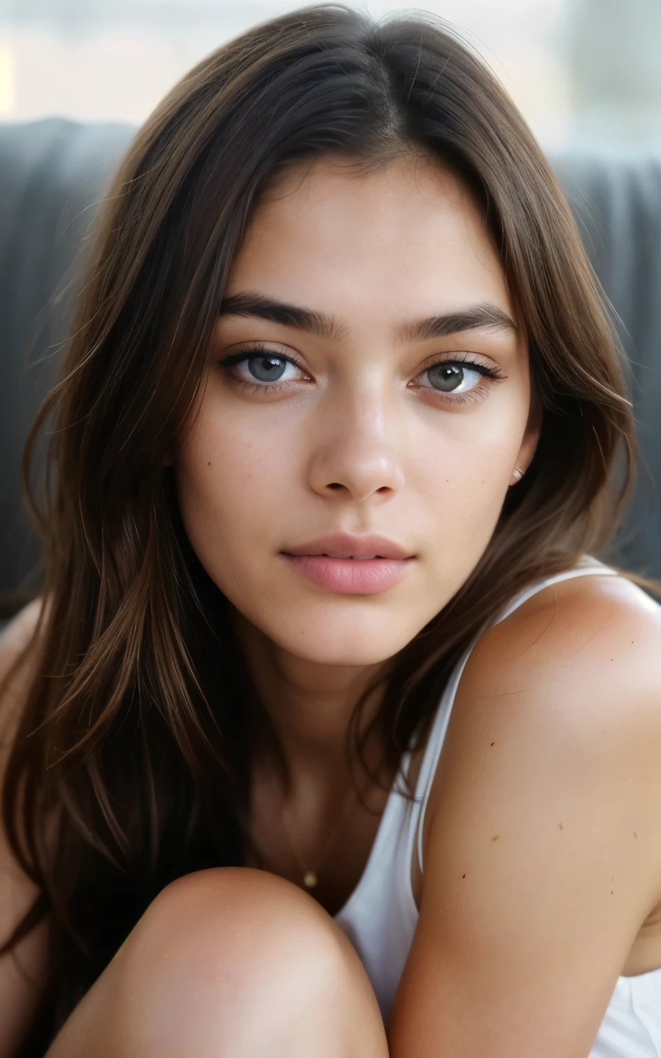 photo of woman, textured skin, light brown hair, lower body, extremely detailed eyes, beautiful face, detailed natural skin with pores, sitting on sofa, wearing T-shirt and shorts, perfect eyes (ectachrome), by Marta Bevacqua, golden hour, cinematic lighting, (hazy filter, film grain:1.2). 8k, highly detailed, detailed skin texture, natural skin texture, perfect eyes, perfect iris, high detail eyes, detailed iris, detailed cloth texture, perfect eyes, detailed eyes, (high quality, best quality:1.3), Extremely high-resolution, film grain, dslr, Kodak Portra 400 camera f1.6 lens, 35mm, Fujifilm Superia Premium 400, Nikon D850