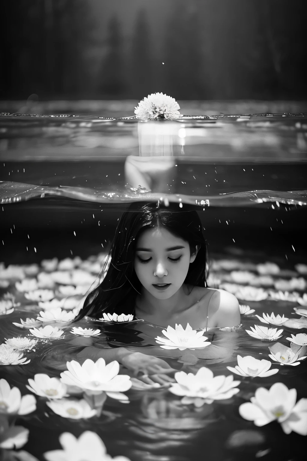 black and white closeup photo RAW, an ethereal scene with a 28 yr old woman in white dress submerged in water, surrounded by floating flowers, blurring the lines between reality and fantasy.