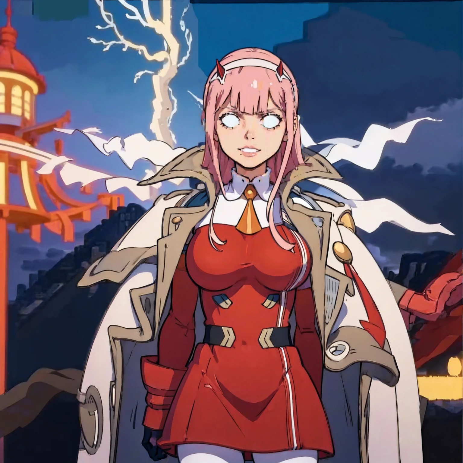 masterpiece, best quality, IncrsLowTier, electricity, glowing eyes zerotwo horns, hairband, necktie, red dress, pantyhose horns, hairband, red bodysuit, armlet, mecha horns, hairband, white bodysuit, white gloves, cap, red dress, white gloves, jacket on shoulders, pantyhose, cyber_armor body_suit,huge_breast, tall female, fulll body, sun light, smile,, sun aura,, boots, standing, smile, lips, red lips, fangs, sharpteeth,,{best quality}, {amazing quality} {best quality},{amazing quality},, {absurdres},{{highres}}, {very aesthetic}, {detailed}, curvy, tall, huge breast, character focus, white background,full-length portrait,