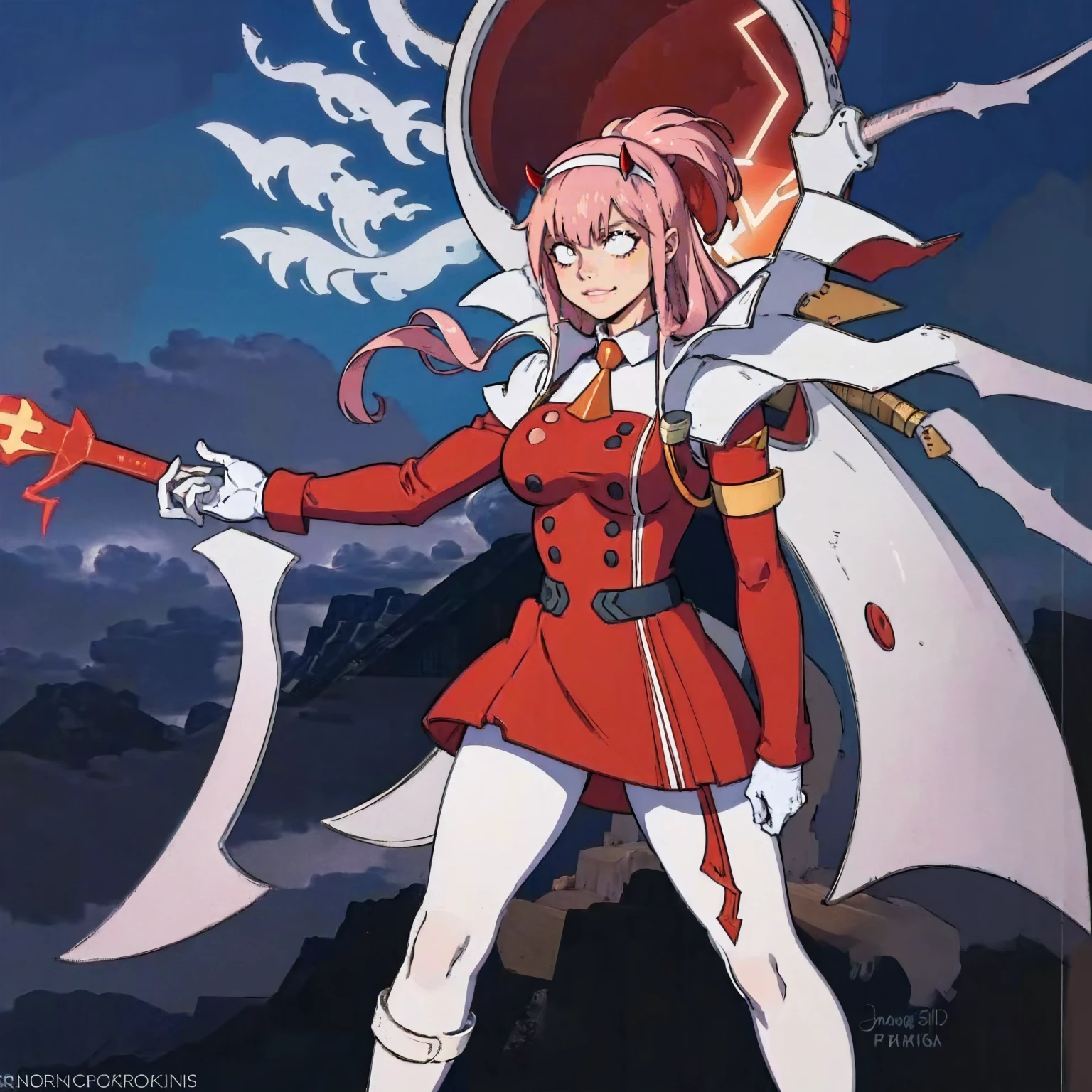 masterpiece, best quality, IncrsLowTier, electricity, glowing eyes zerotwo horns, hairband, necktie, red dress, pantyhose horns, hairband, red bodysuit, armlet, mecha horns, hairband, white bodysuit, white gloves, cap, red dress, white gloves, jacket on shoulders, pantyhose, cyber_armor body_suit,huge_breast, tall female, fulll body, sun light, smile,, sun aura,, boots, standing, smile, lips, red lips, fangs, sharpteeth,,{best quality}, {amazing quality} {best quality},{amazing quality},, {absurdres},{{highres}}, {very aesthetic}, {detailed}, curvy, tall, huge breast, character focus, white background,full-length portrait,