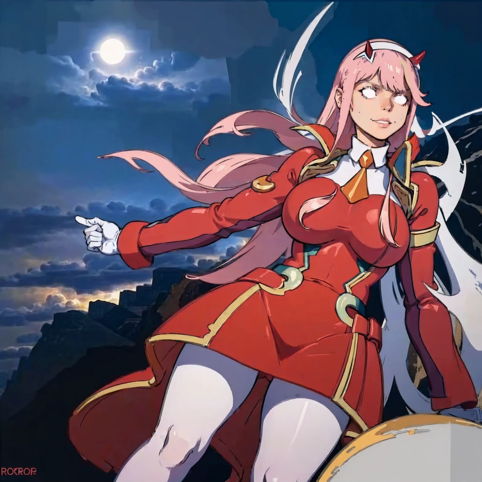 masterpiece, best quality, IncrsLowTier, electricity, glowing eyes zerotwo horns, hairband, necktie, red dress, pantyhose horns, hairband, red bodysuit, armlet, mecha horns, hairband, white bodysuit, white gloves, cap, red dress, white gloves, jacket on shoulders, pantyhose, cyber_armor body_suit,huge_breast, tall female, fulll body, sun light, smile,, sun aura,, boots, standing, smile, lips, red lips, fangs, sharpteeth,,{best quality}, {amazing quality} {best quality},{amazing quality},, {absurdres},{{highres}}, {very aesthetic}, {detailed}, curvy, tall, huge breast, character focus, white background,full-length portrait,