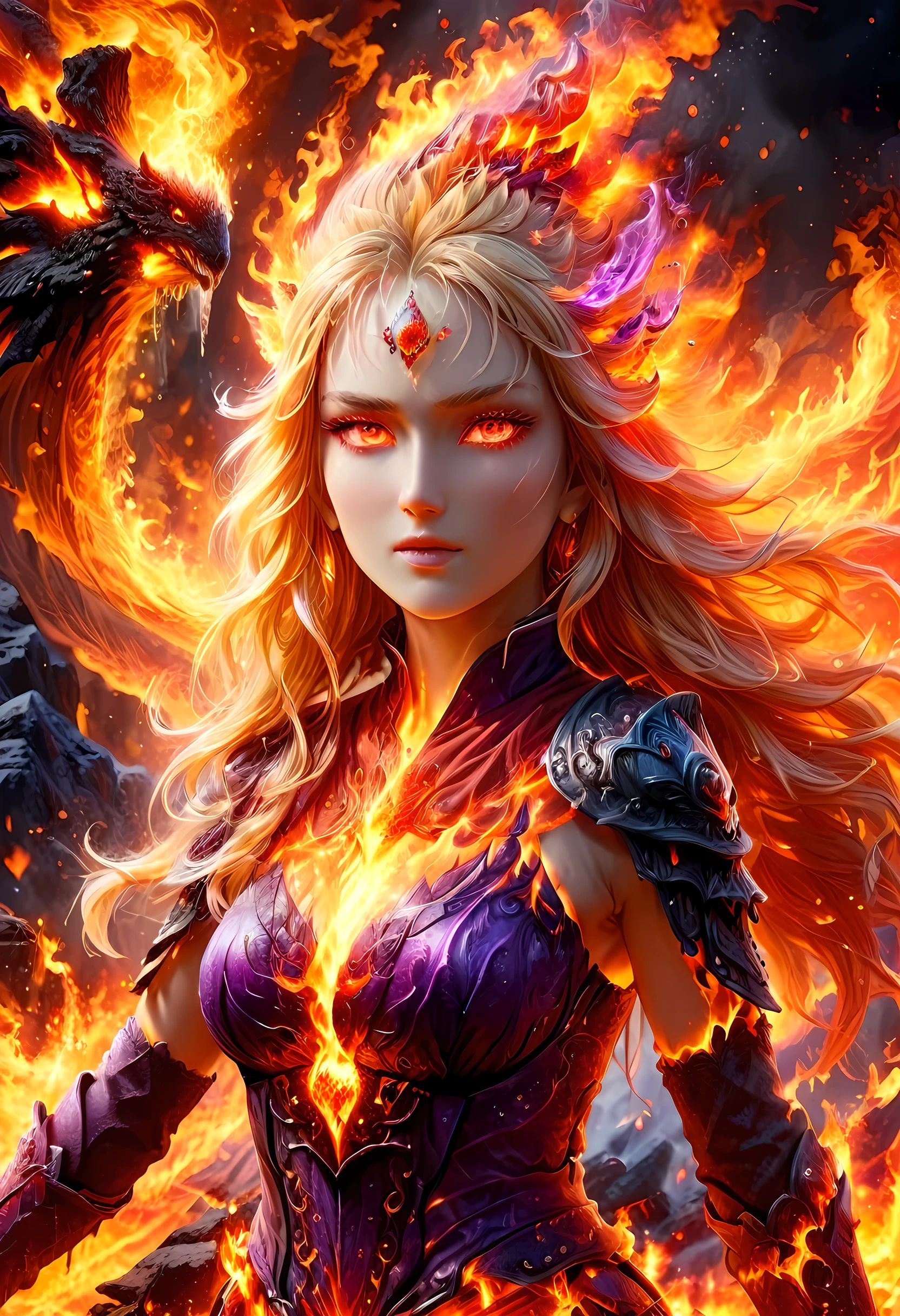 high details, best quality, 16k, [ultra detailed], masterpiece, best quality, (extremely detailed), full body, ultra wide shot, photorealistic, fantasy art, dnd art, rpg art, realistic art, an ultra wide picture of a female human (intricate details, Masterpiece, best quality: 1.5) goddess of fire  ((fiery radiant aura)), controlling a swirling red fire, fiery red radiant magic (1.5 intricate details, Masterpiece, best quality), manipulating purple radiant magical symbols, [[divine symbols]] (intricate details, Masterpiece, best quality: 1.5), human female, blond hair, long hair with aura, hair with red radiant eyes, intense eyes, ((radiant eyes)), (( red glowing eyes)), dynamic clothing, fantasy volcano back ground, stresms of lava,  celestial  background, ((divine worship atmosphere)), high details, best quality, highres, ultra wide angle, faize, 
