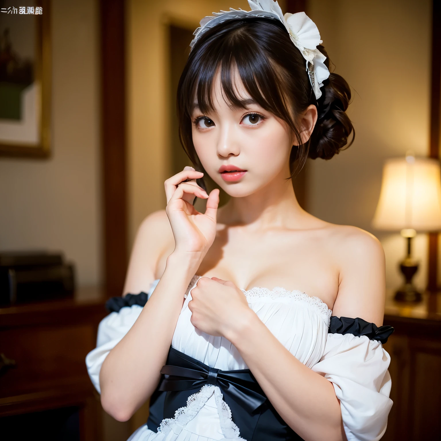 Best-quality, Masterpiece, Ultra-High-Resolution, (Photorealistic:1.4), Raw Photo, depth of field, professional lighting, perfect anatomy, extremely details, 1girl, Japanese idol, aim pistol at viewer, extremely cute face, extremely beautiful and extremely big eyes, extremely beautiful short-cut-haired, extremely beautiful skins, realistic skin texture, extremely beautiful long-eyelashes, extremely beautiful lips, childish-body, wearing French-Maid-Costume, looking at viewer, detailed French-Maid-Costume, detailed pistol