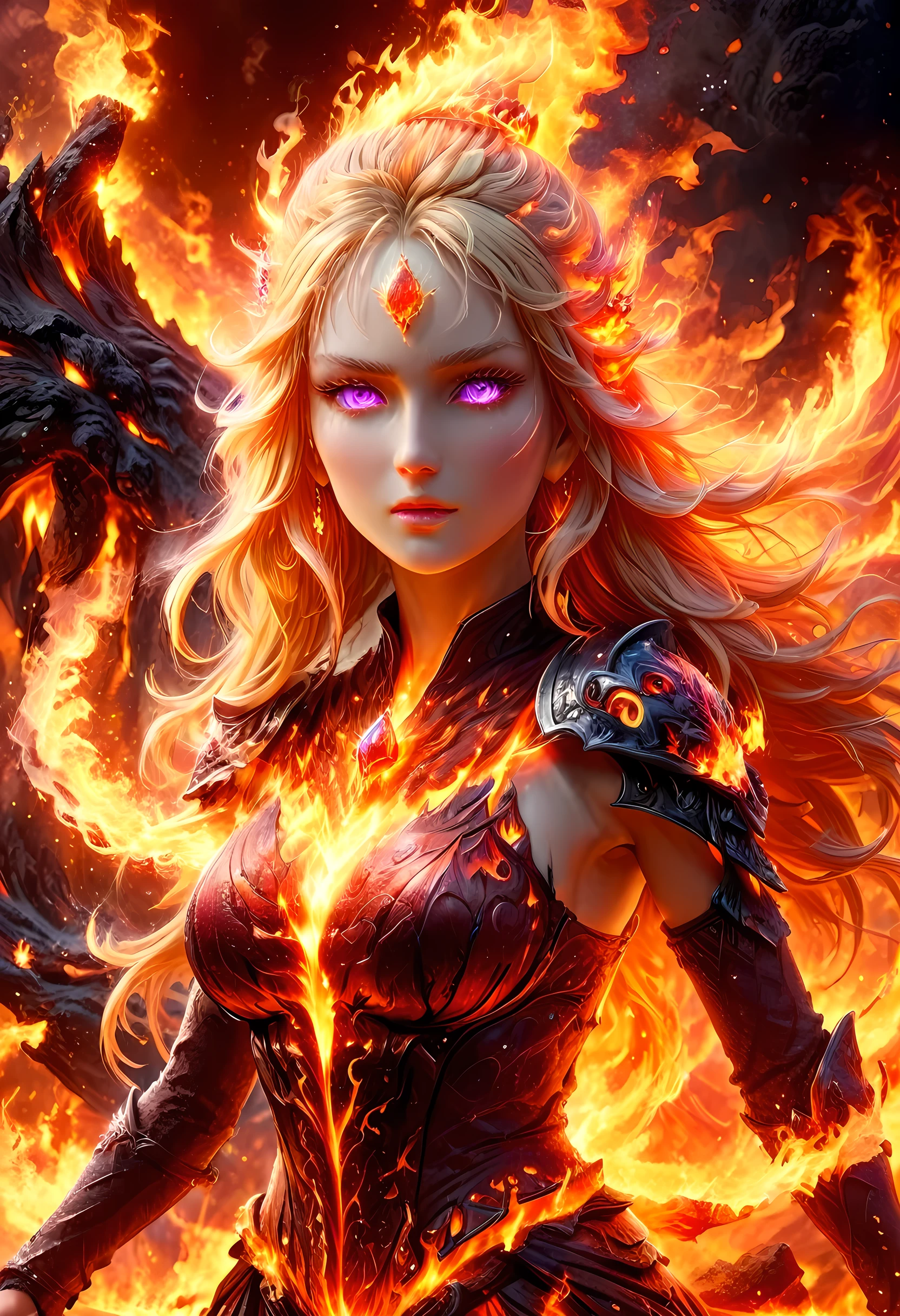 high details, best quality, 16k, [ultra detailed], masterpiece, best quality, (extremely detailed), full body, ultra wide shot, photorealistic, fantasy art, dnd art, rpg art, realistic art, an ultra wide picture of a female human (intricate details, Masterpiece, best quality: 1.5) goddess of fire  ((fiery radiant aura)), controlling a swirling red fire, fiery red radiant magic (1.5 intricate details, Masterpiece, best quality), manipulating purple radiant magical symbols, [[divine symbols]] (intricate details, Masterpiece, best quality: 1.5), human female, blond hair, long hair with aura, hair with red radiant eyes, intense eyes, ((radiant eyes)), (( red glowing eyes)), dynamic clothing, fantasy volcano back ground, stresms of lava,  celestial  background, ((divine worship atmosphere)), high details, best quality, highres, ultra wide angle, faize, 
