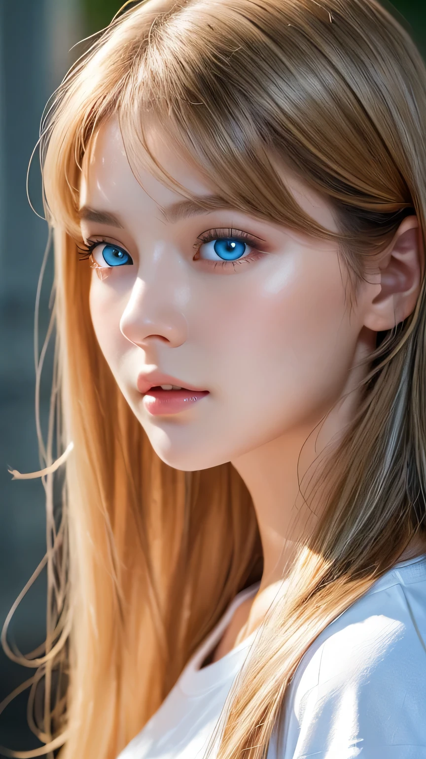 Dressed、(Photorealistic:1.4)、(Hyper-realistic:1.4)、(Realistic:1.3)、(Smooth lighting:1.05)、(Improved cinematic lighting quality:0.9)、32K、1 Girl、Very cute expression、A beautiful 16 year old blonde girl、Realistic top lighting、Backlight、Face Light、Super long silky hair、Ray tracing、(Bright light:1.2)、(quality improvement:1.4)、(Highest quality realistic textured skin:1.4)、Very beautiful detailed large shining light blue eyes、Very big eyes、Detailed face、A careful eye for quality、(Tired, sleepy and satisfied: 0.0)、Face close up、T-Shirts、(Enhances the body line:1.1)、(Enhances the beauty of skin texture:1.1)、Cheek gloss highlight