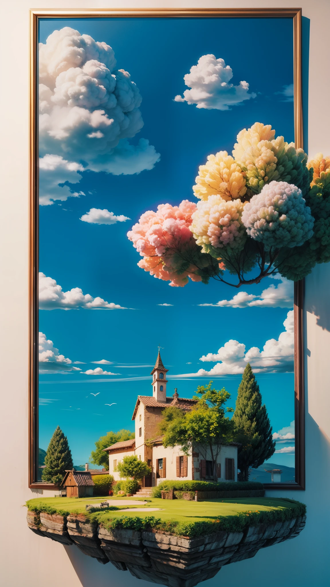 obra de arte, melhor qualidade, alta qualidade, High definition, alta qualidade texture, alta qualidade shadow, alto detalhe, one Surreal Floating Islands sky – Abstract --ar 16:9 italian village, no peoples, with a sunset and clouds galore and as detailed as cotton candy all around, e uma mini floresta float ao lado