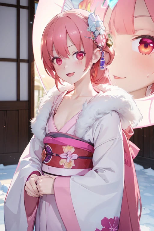 Very detailed CG Unity 8K wallpaper, Cute One lady, Mature pink Hair、lady ,beautiful lady, pale skin (Super masterpiece, Beautiful person, well detailed face polluted smile, Photorealistic, hyper realisitic), Colorful winter kimono in pink and white colors、(white fur)、Japanese Style Hair Accessories、smile、Japanese background with light pink flowers and snow、Portrait、(flat chest:1.3)、(Glowing Skin:1.7)、Detailed eyes、Big eyes、Open your mouth、Hide your arms、