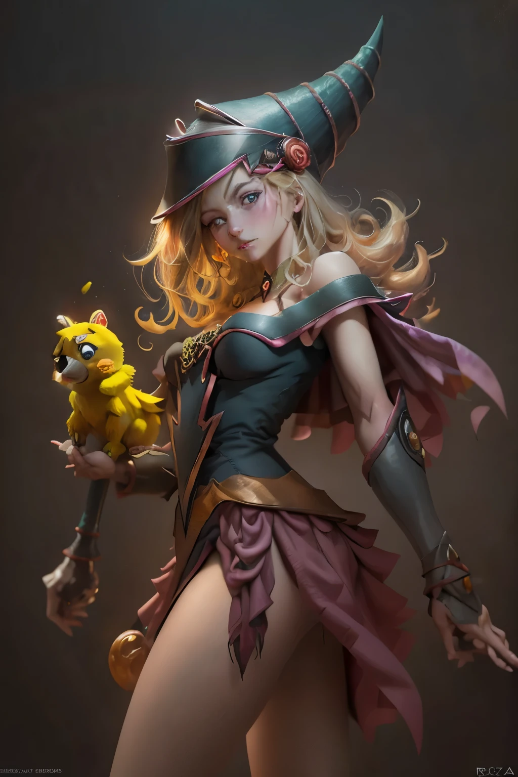 (8k,fotorrealista raw photography the highest quality;1.4) (1chica en) Super belleza (cara realista) cuerpo femenino (Rubia de rizos largos) Hold a black and red magic wand Escena de combate Magic hat with black and gold exterior Beautiful expression Deslumbramiento (Piel de aspecto real) (Giles magos oscuros) tentador super high resolution Un hiperrealista Alto detalle foto de cuerpo completo restos