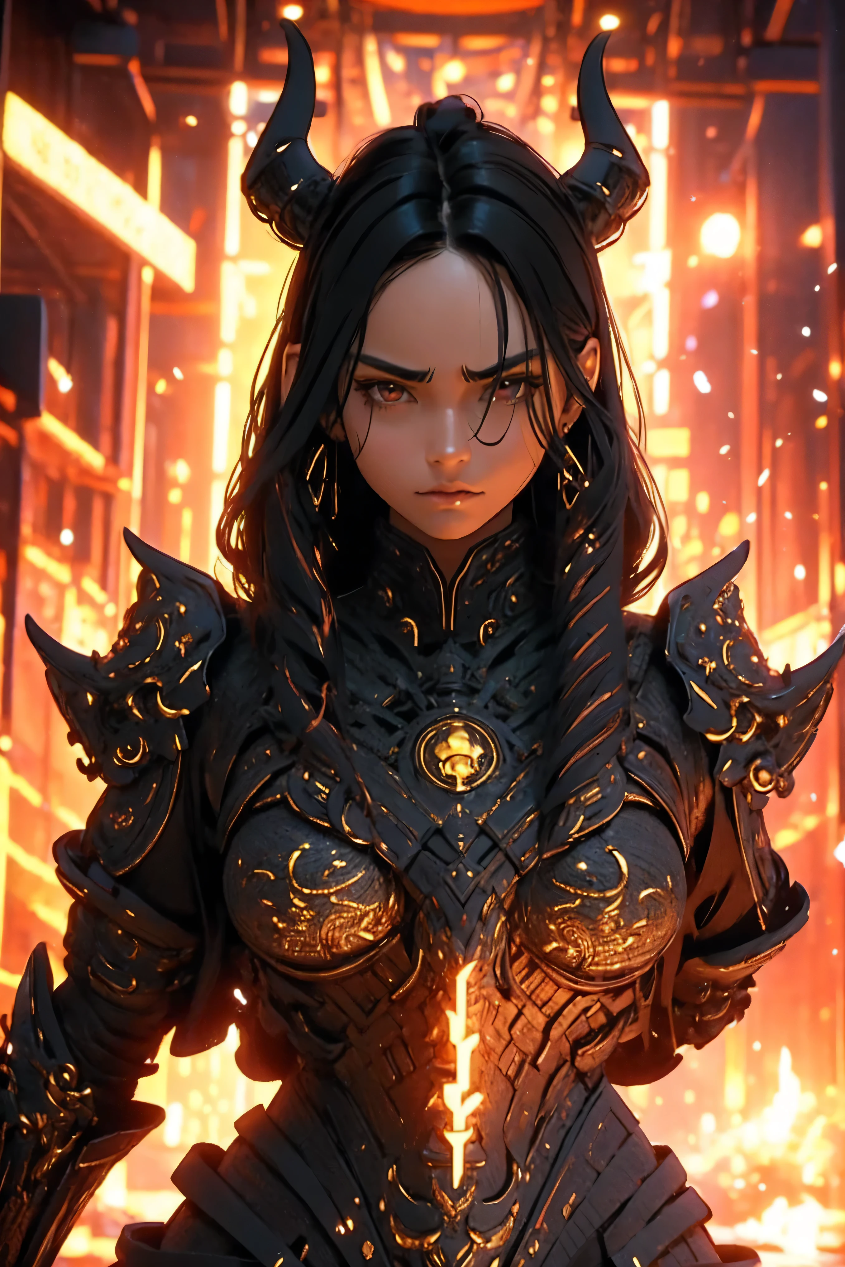 (super detail), high details, high quality, 8k, (masterpiece), best quality, tanned skin, woman, symmetrical, black hair, perfect face, intricate hair, side hair loop, black shirt, mommy dom, dominating figure, smug, intimidating, cold, great shading, mysterious figure, yellow sea beast armor, armor plating.