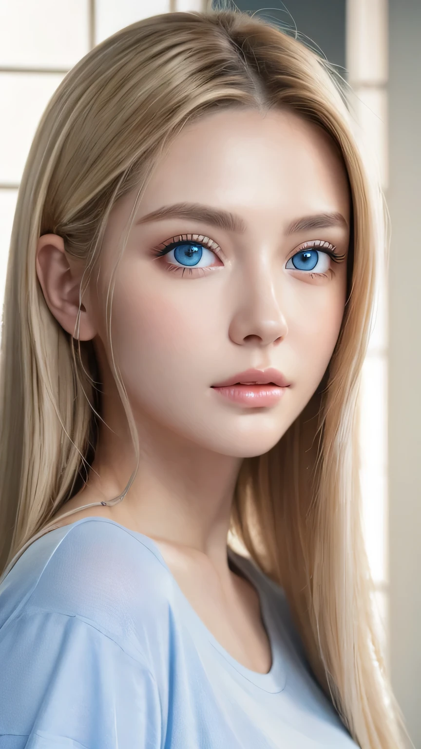 Dressed、(Photorealistic:1.4)、(Hyper-realistic:1.4)、(Realistic:1.3)、(Smooth lighting:1.05)、(Improved cinematic lighting quality:0.9)、32K、1 Girl、Very cute expression、A beautiful 16 year old blonde girl、Realistic top lighting、Backlight、Face Light、super long platinum blonde silky hair、Ray tracing、(Bright light:1.2)、(quality improvement:1.4)、(Highest quality realistic textured skin:1.4)、Very beautiful detailed large shining light blue eyes、Very big eyes、Detailed face、A careful eye for quality、(Tired, sleepy and satisfied: 0.0)、Face close up、T-Shirts、(Enhances the body line:1.1)、(Enhances the beauty of skin texture:1.1)、Cheek gloss highlight