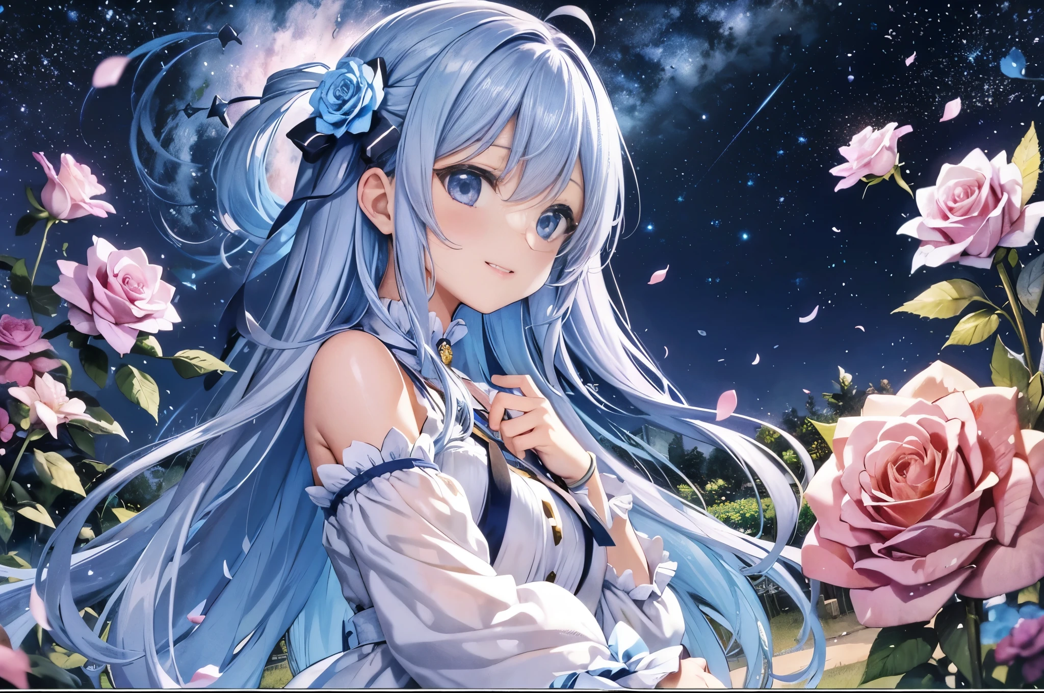 (High resolution、Very detailed、Hmph、movie)、alone、1 girl、happiness、Girl Standing In レッドRose Flower Garden、Girl around the petals、Cute Smile、Whole Body Ezbian、Girl with long blue hair、Light blueの髪、black eye、Looking at the camera、Fantasy、Official Art、Pop Art、profile、Very detailedな顔、Very detailedな目、Rose Flower Garden、Ultra Detailed Fields、Bright starry sky、Light blue、Blanche、Nebula in the sky、Watercolor、pastel colour