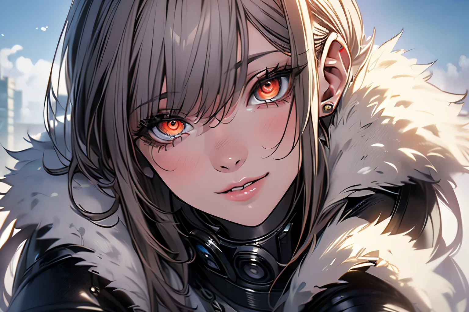 ((masterpiece, 8K, photo realistic:1.4)) Italian woman, 31 years old smiling on camera, wearing grey mini skirt and long white fur jacket, posing as a instagram influencer model, seductive, appealing, magazine cover picture, detailed eyes red and silver eyes, detailed lips, embarassed face