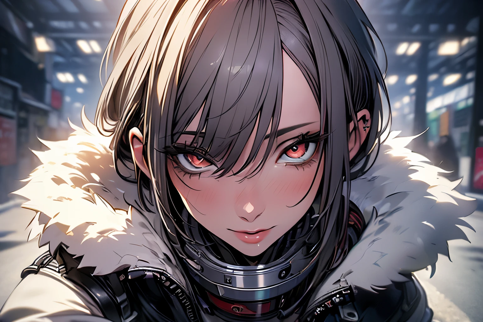 ((masterpiece, 8K, photo realistic:1.4)) Italian woman, 31 years old smiling on camera, wearing grey mini skirt and long white fur jacket, posing as a instagram influencer model, seductive, appealing, magazine cover picture, detailed eyes red and silver eyes, detailed lips, embarassed face