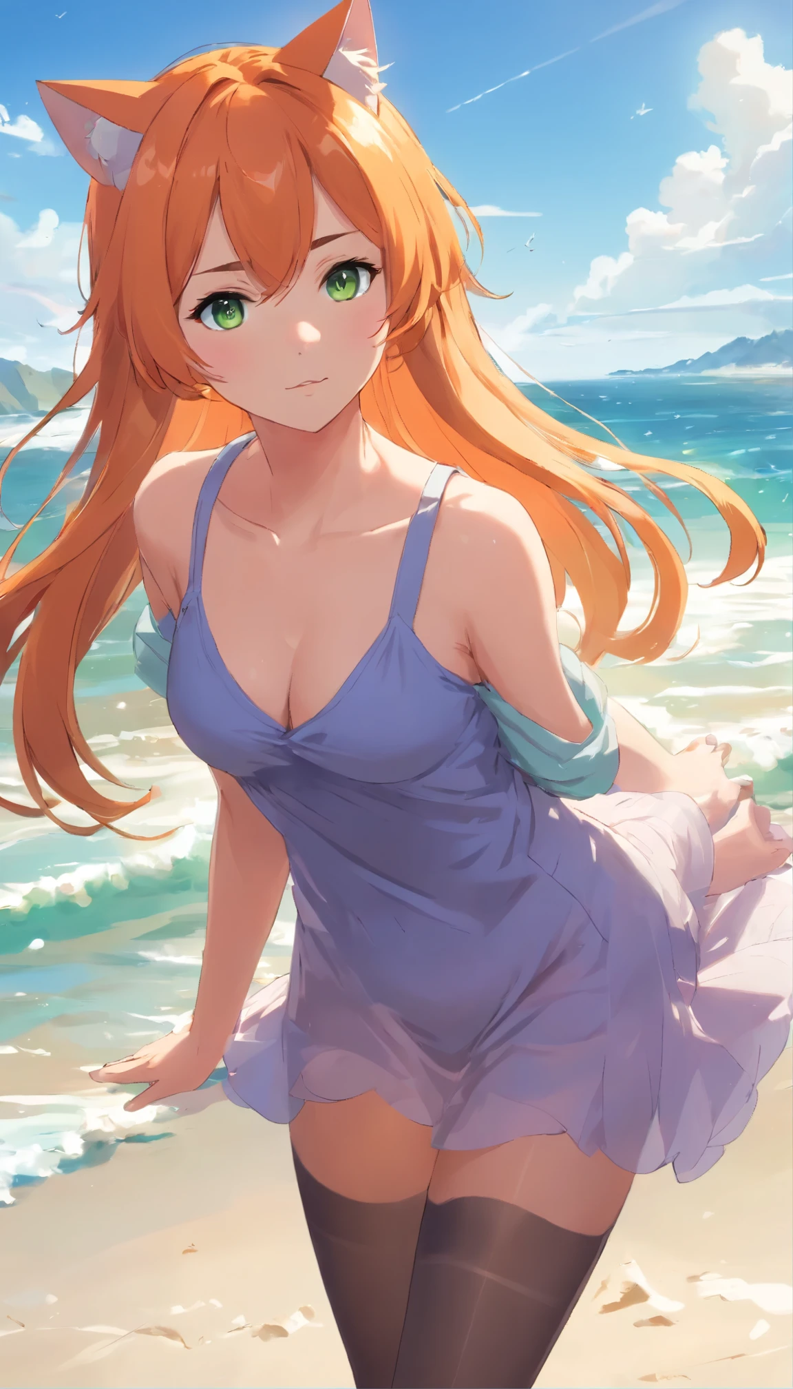 anime girl with long orange hair standing on beach near ocean, green eyes detailed digital anime art, cat ears, , anime girl with long hair, smooth anime cg art, anime girl with long hair, digital anime art, artwork in the style of guweiz, beautiful anime portrait, photorealistic anime girl render, beautiful anime girl, advanced digital anime art, pantyhose, guweiz on artstation pixiv upscale HD UHD HQ